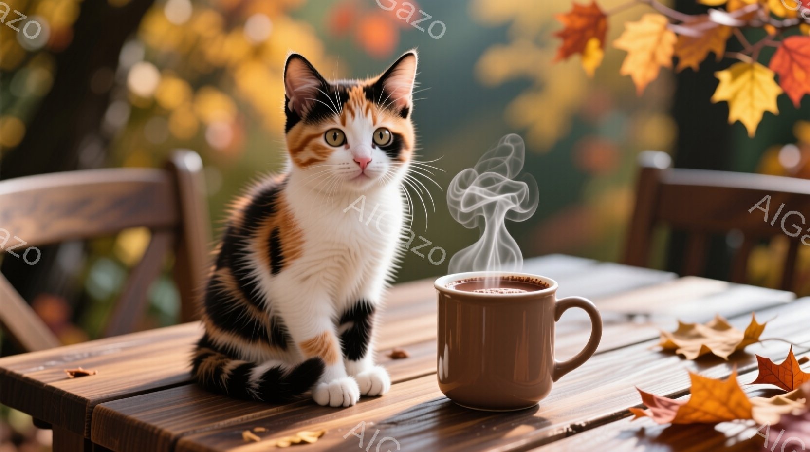 白と黒の模様が特徴的な子猫が木製のテーブルに座っており、少し上目遣いでこちらを見ている。テーブルの上には湯気が立ち上る茶色のマグカップがあり、周囲には散り葉が点在している。背景は秋の木々で、暖色系の色 - AI生成フリー素材