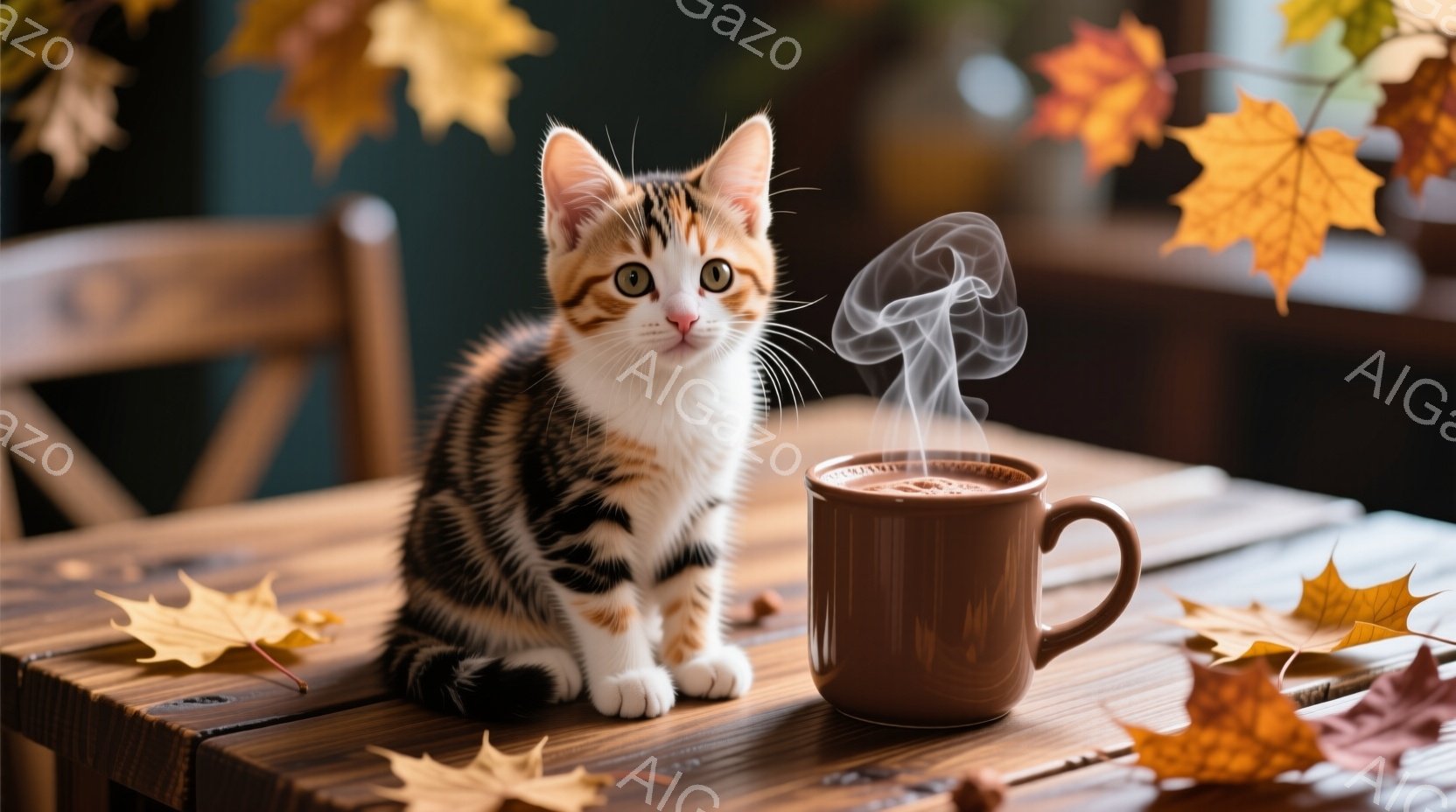 小さな縞模様の猫が木のテーブルの上に座っており、隣には湯気が立ち上る茶色のマグカップがあります。背景には紅葉した葉が散りばめられ、秋の温かい雰囲気を醸し出しています。猫は好奇心旺盛な表情で正面を見ており、穏やかで落ち着いた時間が感じられます。