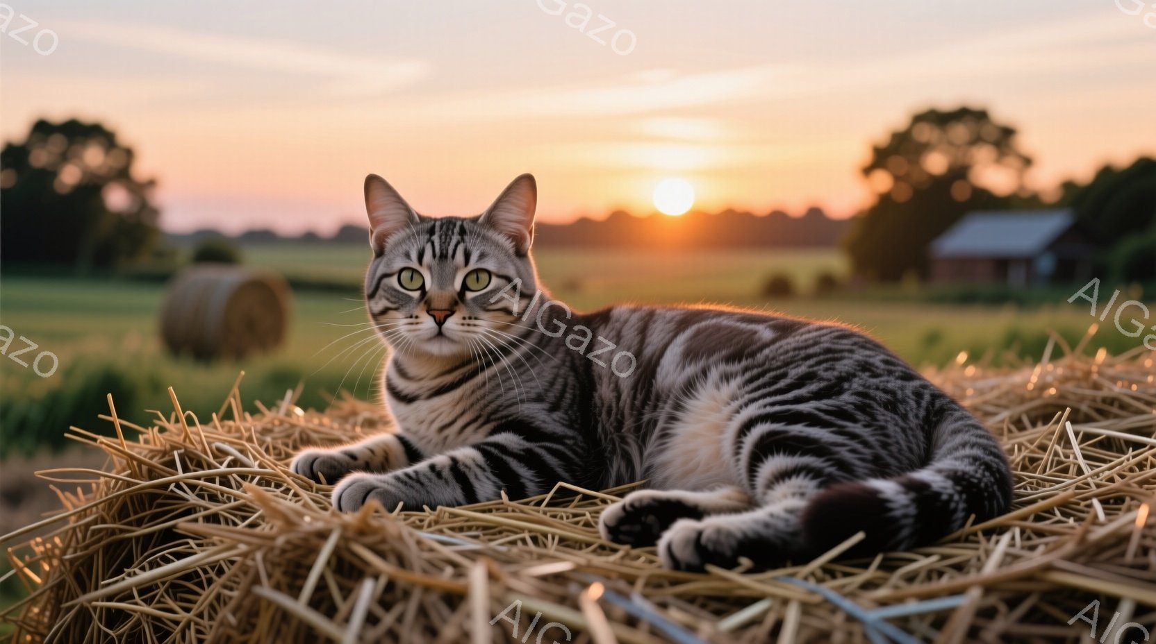 縞模様の猫が干し草の上に横たわっており、リラックスした様子でカメラを見つめている。背景には緑の牧草地と丸い干し草の俵、そして夕焼け空が広がり、穏やかで暖かい雰囲気を醸し出している。猫の鋭い眼差しと夕焼 - AI生成フリー素材