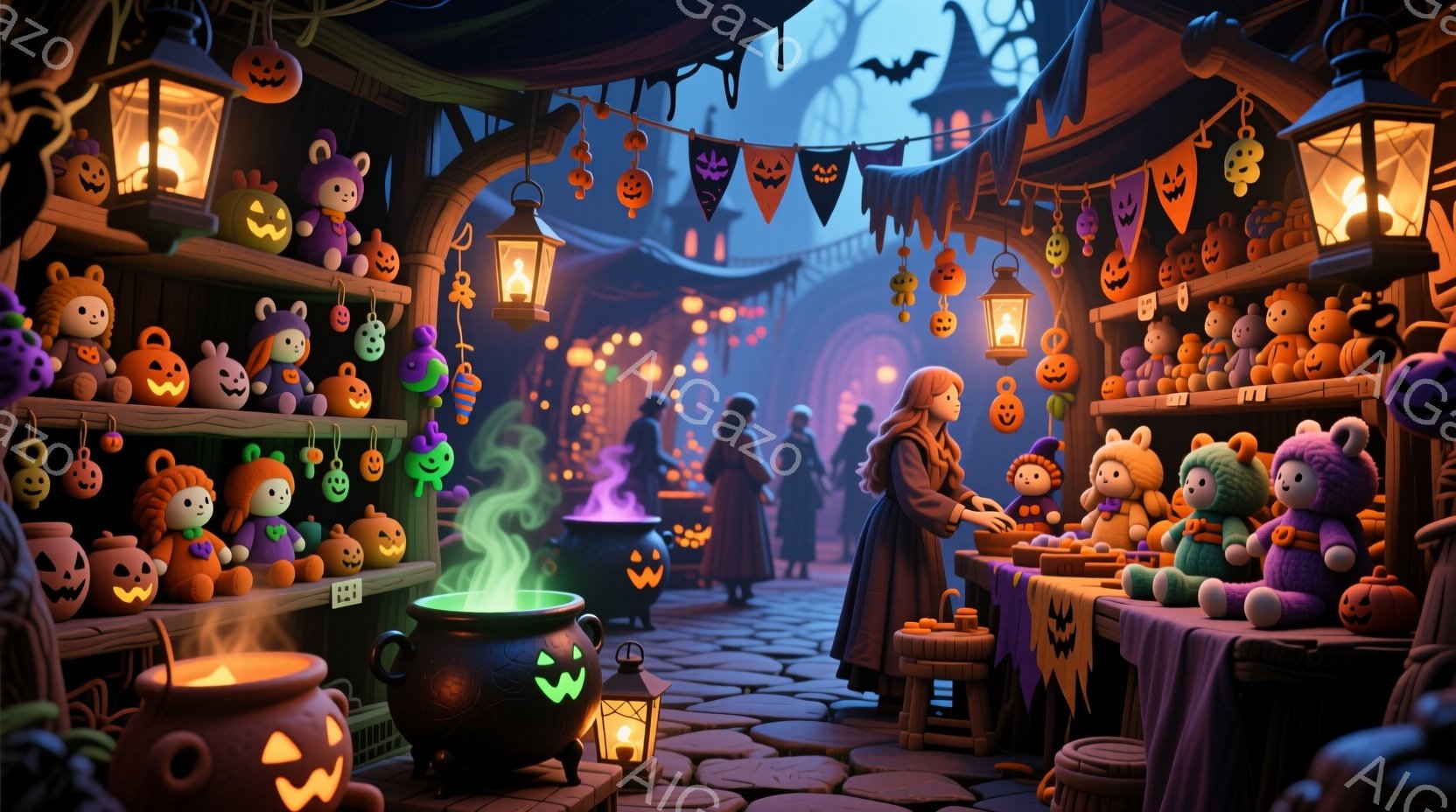 石畳の道に沿って、カボチャのランタンやぬいぐるみで飾られた屋台が並んでいます。赤い髪を三つ編みにした女性が、屋台の前に立って何かを見ており、背景には黒い服を着た人々がぼんやりと見えます。建物は古風で、空は暗く、全体的にハロウィーンの雰囲気が漂っています。
