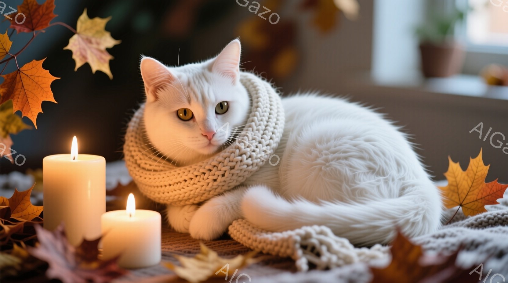 白い猫が、手編みのベージュ色のマフラーを巻き、柔らかな毛布の上に優雅に横たわっています。周りには燃えるキャンドルと紅葉の葉が散りばめられ、暖かく穏やかな秋の雰囲気を醸し出しています。猫の表情は穏やかで - AI生成フリー素材