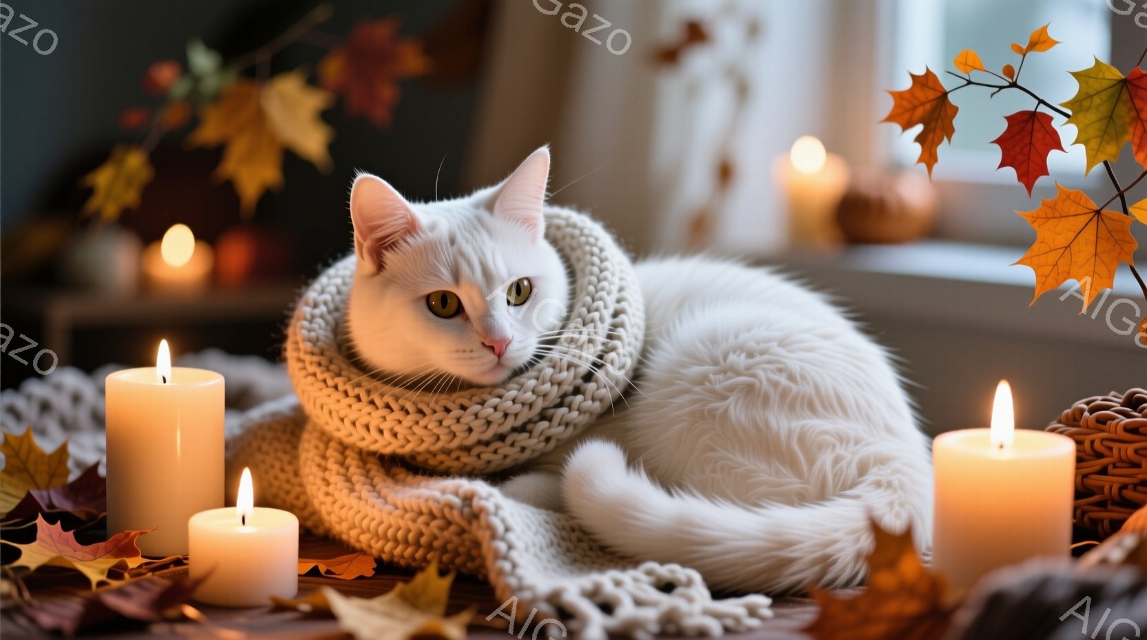 白い猫がオレンジ色のニットのネックウォーマーを巻いて、リラックスしたポーズで横たわっています。周りには秋らしい紅葉の葉や、点灯されたキャンドルが配置され、温かく穏やかな雰囲気を醸し出しています。背景にはぼんやりと室内が映り、秋の季節感と猫の可愛らしさが組み合わさった、心地よい情景です。