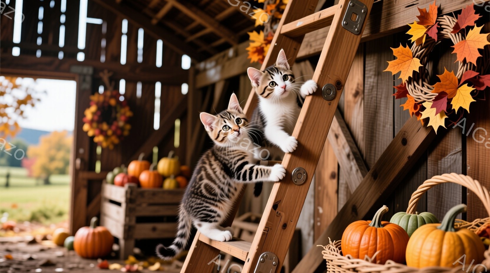 秋の雰囲気を感じさせる写真で、2匹の縞模様の猫が木製の梯子を登っています。背景には、カボチャや籠、そして紅葉で飾られた壁があり、暖かく、お祭り気分を醸し出しています。全体的に、秋の収穫祭を表現した、可 - AI生成フリー素材