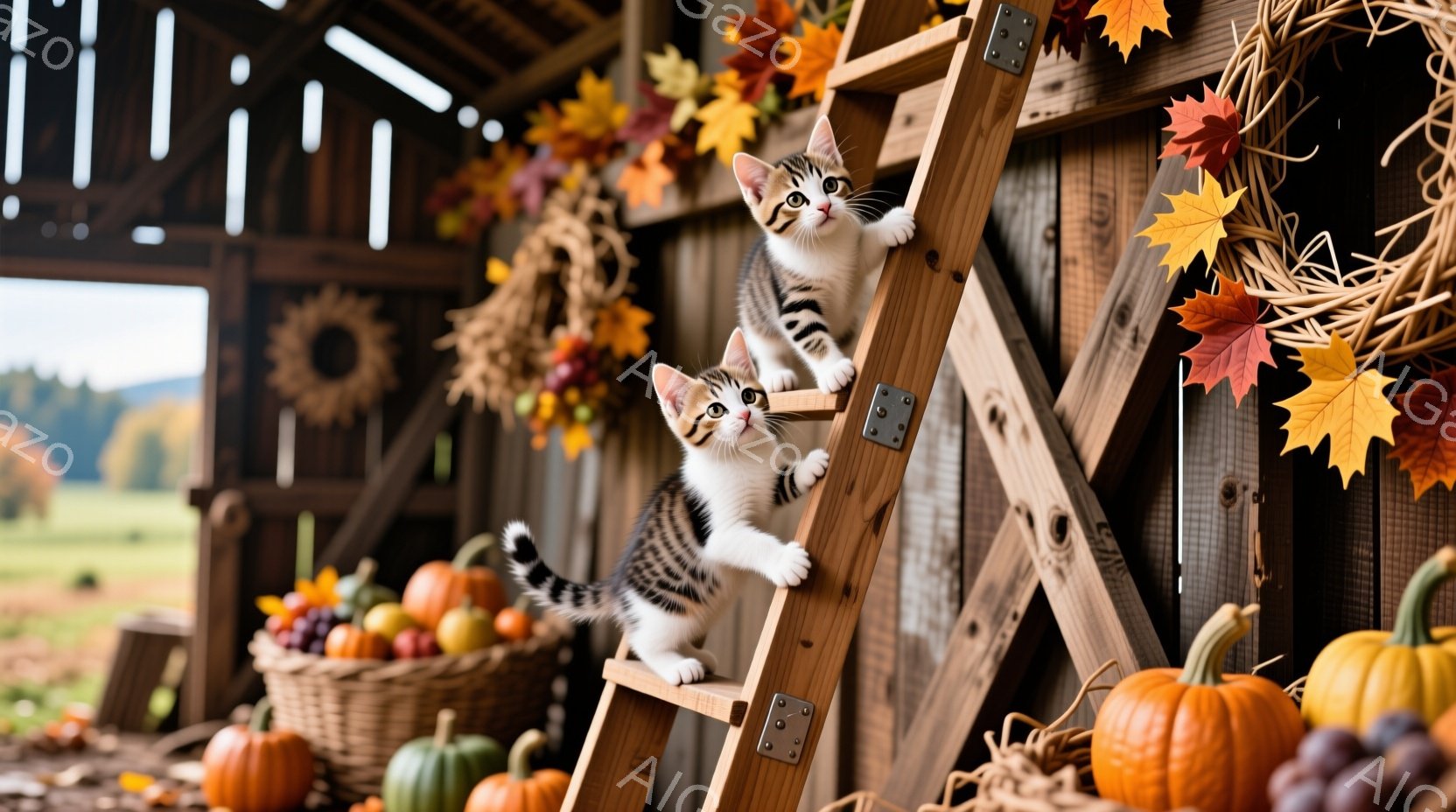 小柄な縞模様の猫が2匹、古びた木の梯子の上を登っている様子が写っている。背景には、カボチャや果物が盛り込まれたバスケットや、紅葉した葉で飾られた壁があり、秋の収穫祭を連想させる温かい雰囲気だ。緑豊かな自然と、晴天の空が広がり、全体的に穏やかで可愛らしい光景が表現されている。