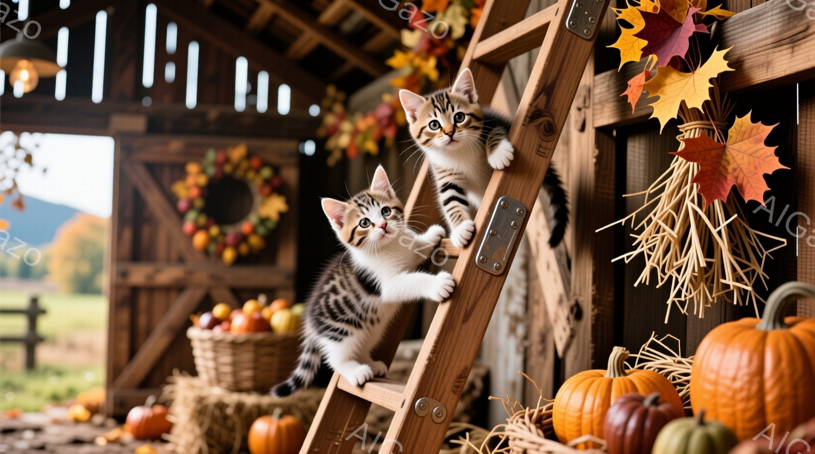 縞模様の二匹の子猫が、古い木製の梯子を登っています。背景には、カボチャや藁で作られた装飾が施された納屋があり、秋の収穫を象徴する暖かく素朴な雰囲気が漂っています。鮮やかなオレンジ色と黄色で彩られた葉が装飾されており、全体的に秋の季節感あふれる穏やかな情景です。