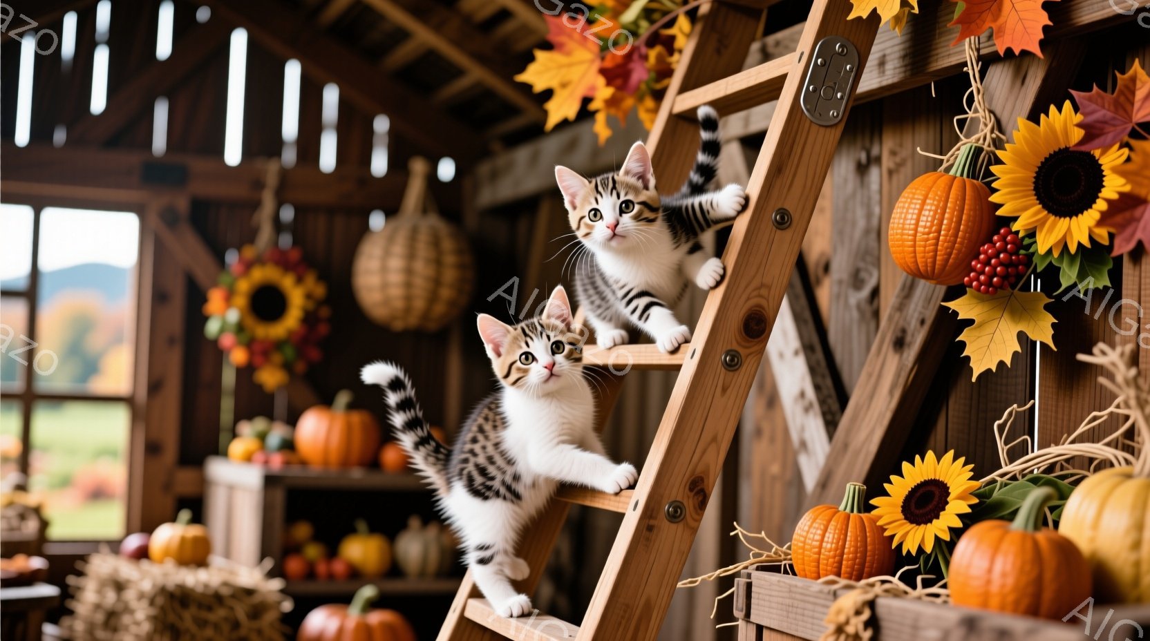 木製の梯子に登っている2匹の縞模様の猫が写っています。猫たちは好奇心旺盛な表情で、活発に梯子を登っており、周囲のハロウィーンの装飾と調和しています。背景には、カボチャやヒマワリ、秋らしい葉っぱが飾られた小屋があり、暖かく、お祭り気分に満ちた雰囲気です。