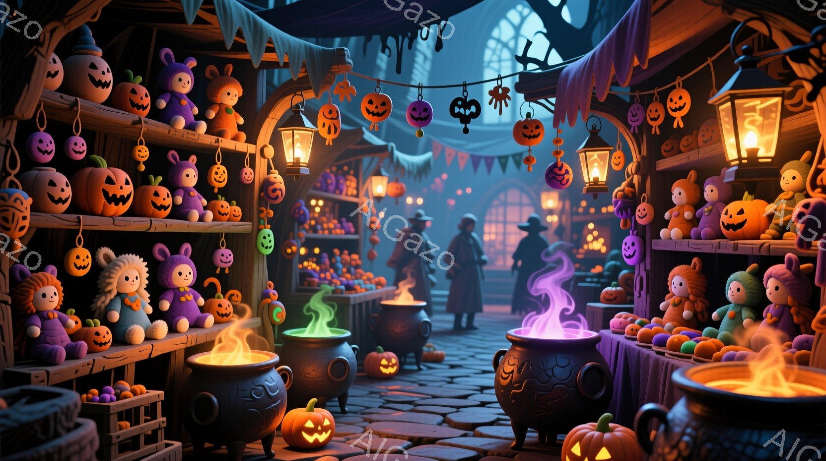 石畳の道に沿って、ハロウィンの装飾が施された屋台が並んでいます。屋台には、カボチャのランタン、紫や緑色の煙を上げる cauldron（かま）、そして可愛らしいぬいぐるみが所狭しと並べられています。背景には、薄暗い街並みが見え、ぼんやりとした光が灯っており、全体的に神秘的で少し不気味なハロウィンの雰囲気が漂っています。