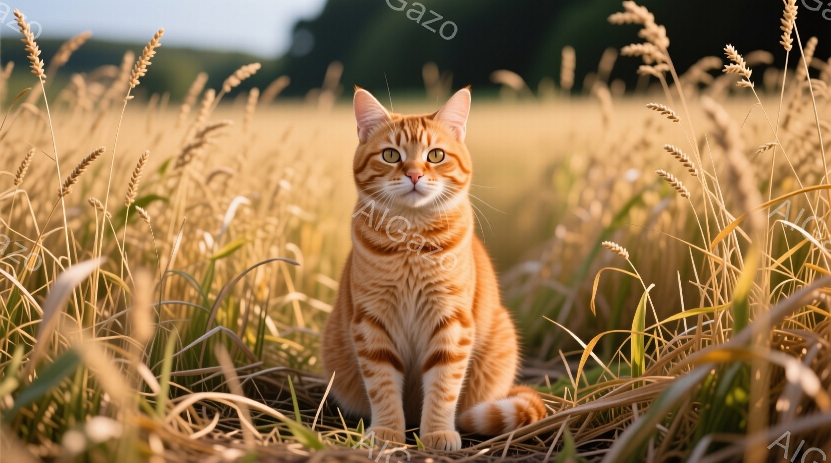 オレンジ色の縞模様の猫が、黄金色の麦畑の中に座って正面を見つめている。猫はリラックスした姿勢で、落ち着いた表情をしている。背景には、光が差し込む麦畑が広がり、暖かく穏やかな雰囲気を醸し出している。