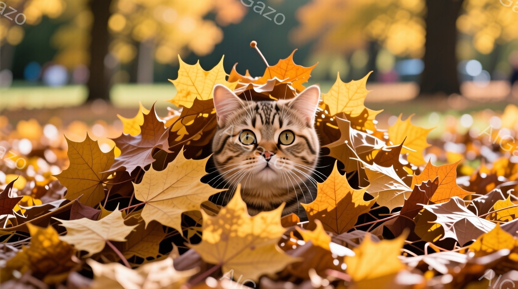 茶色と黄色の紅葉の中に、茶トラの猫が顔を覗かせています。猫は少しいたずらっぽい表情で、こちらを見つめており、その目は鮮やかな金色をしています。背景にはぼやけた緑の木々と地面が見え、秋の穏やかで暖かい雰 - AI生成フリー素材