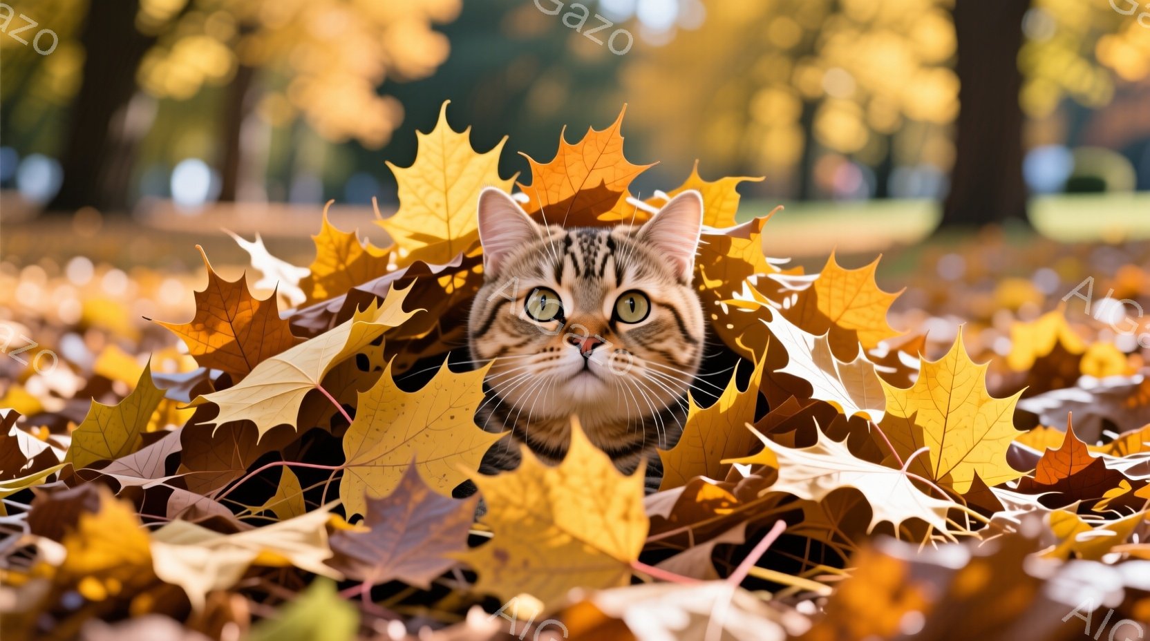鮮やかな黄色の落ち葉の中に、縞模様の猫が隠れている様子が写っている。猫は前足を揃えて座り、緑色の目を大きく見開いてこちらを見つめている。背景には、ぼやけた木々と緑の芝生が広がり、秋の穏やかな雰囲気が漂っている。