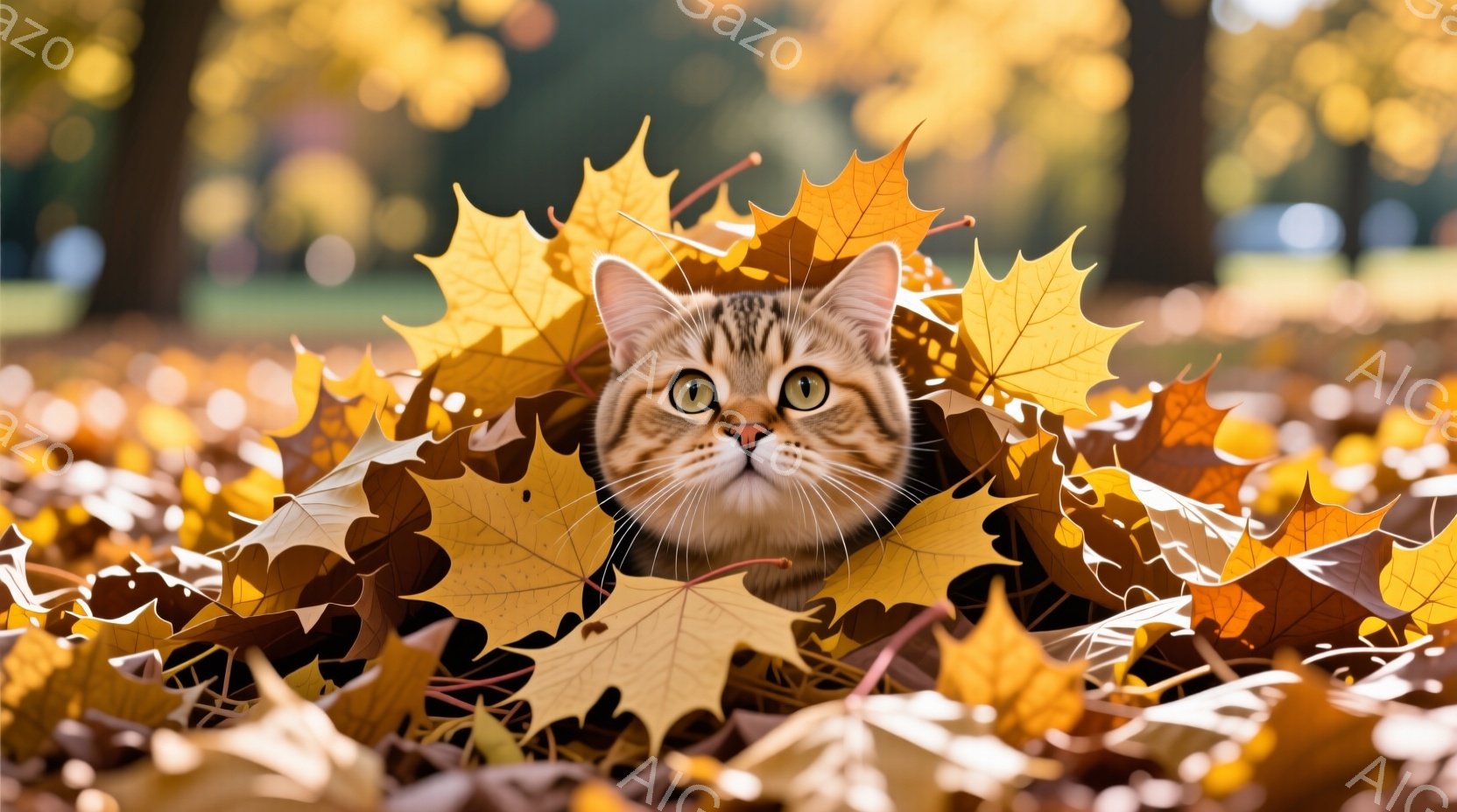 オレンジ色や茶色の紅葉に囲まれた猫が、顔だけを覗かせています。猫は明るい茶色の毛並みで、緑色の瞳が印象的です。背景にはぼやけた木々が見え、秋の穏やかで暖かい雰囲気が漂っています。