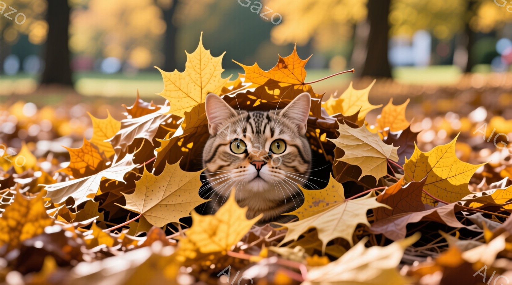 鮮やかな黄色のカエデの葉に囲まれた猫が、好奇心旺盛な表情でこちらを見つめている。猫は茶色と黒の縞模様で、緑色の目が印象的だ。背景にはぼやけた木々が見え、秋の穏やかな日差しが葉を照らしている。