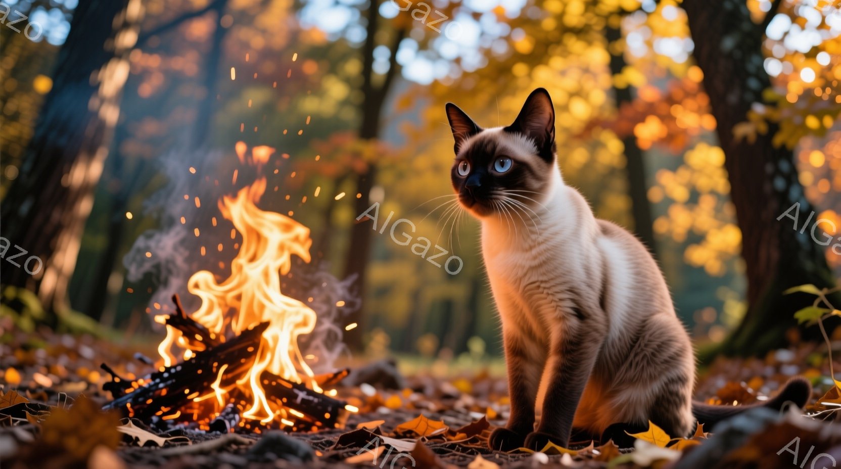 シナモン色の毛並みを持つシャム猫が、落ち葉が敷き詰められた森の中で、燃え盛る焚き火を静かに見つめている。猫はまっすぐ座り、澄んだ青い瞳にはわずかな好奇心が感じられ、秋の森の暖かな光に包まれている。背景 - AI生成フリー素材