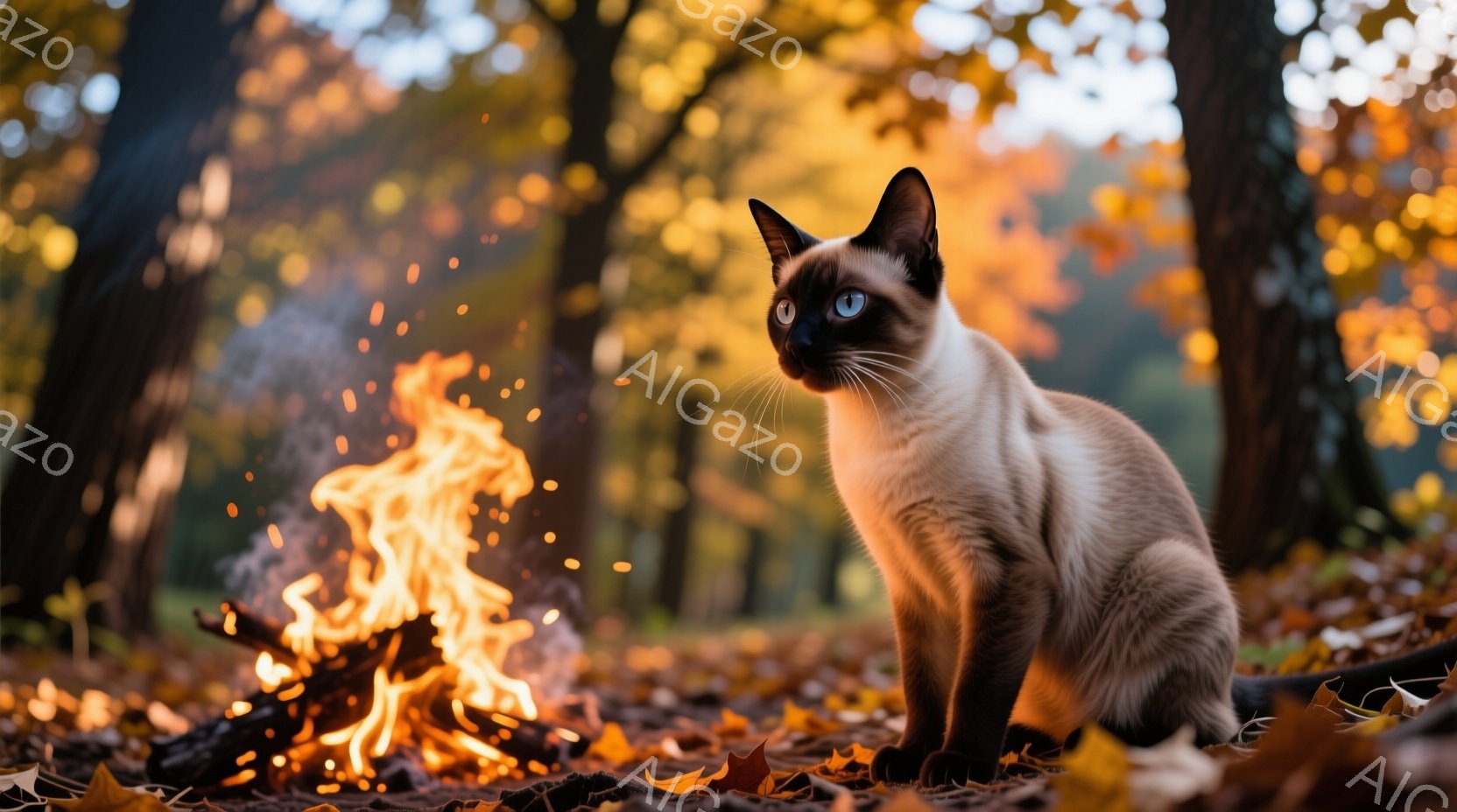シーマと呼ばれる猫が、落ち葉が敷き詰められた森の中で、燃え盛る焚き火のそばに座っています。猫は明るいクリーム色の毛並みと、濃い茶色の耳、顔、足、尾を持ち、青い瞳が印象的です。背景には鮮やかな黄色の紅葉 - AI生成フリー素材