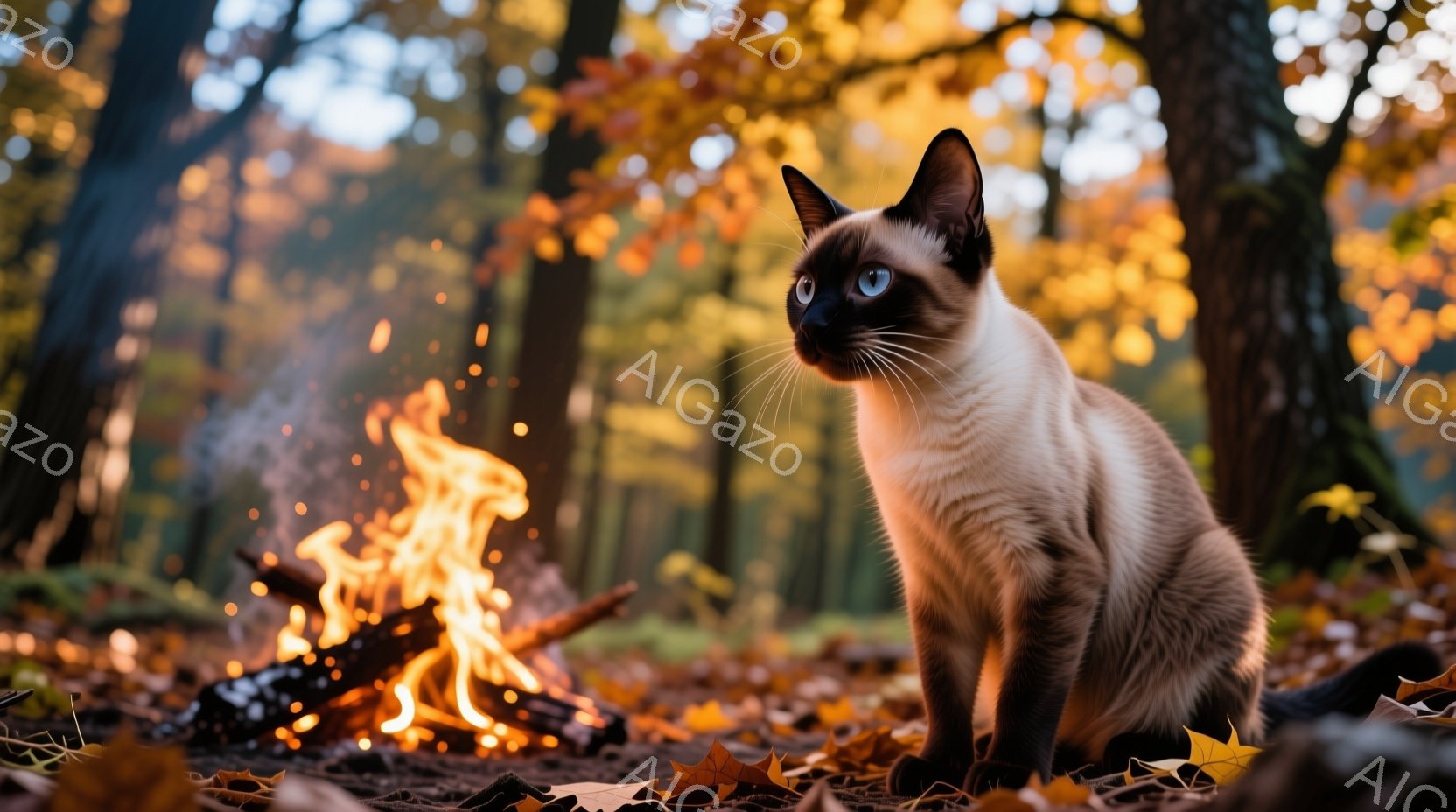 シーマーズ猫が落ち葉の上に座っており、遠くを優しい眼差しで見つめている。背景には暖炉の炎が燃え、周囲は秋らしい紅葉で覆われた森が広がっている。 全体的に温かく、落ち着いた雰囲気で、秋の森の中の静寂が感じられる。