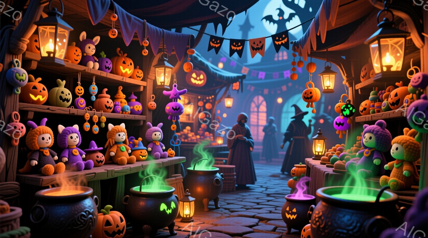 石畳の道に沿って、カボチャのランタンやぬいぐるみ、魔法の道具が並ぶ、ハロウィンの市場の様子が描かれています。黒いローブをまとった二人の人物が遠くで話しており、背景には古風な建物と暗い空が広がっています - AI生成フリー素材