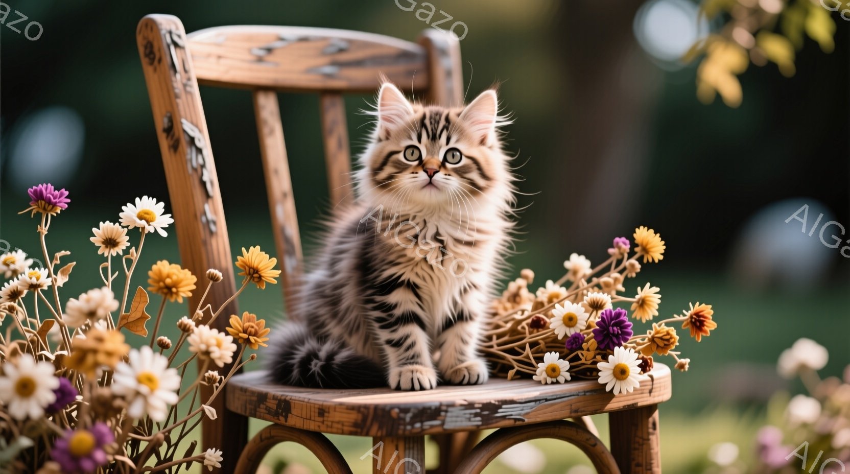 縞模様の小さな子猫が、古びた木製の椅子に座っています。子猫は前足を伸ばし、緑色の背景と様々な色の花に囲まれて、好奇心と少しの警戒心のある表情をしています。背景にはぼやけた緑の植物が見え、全体的に暖かく - AI生成フリー素材
