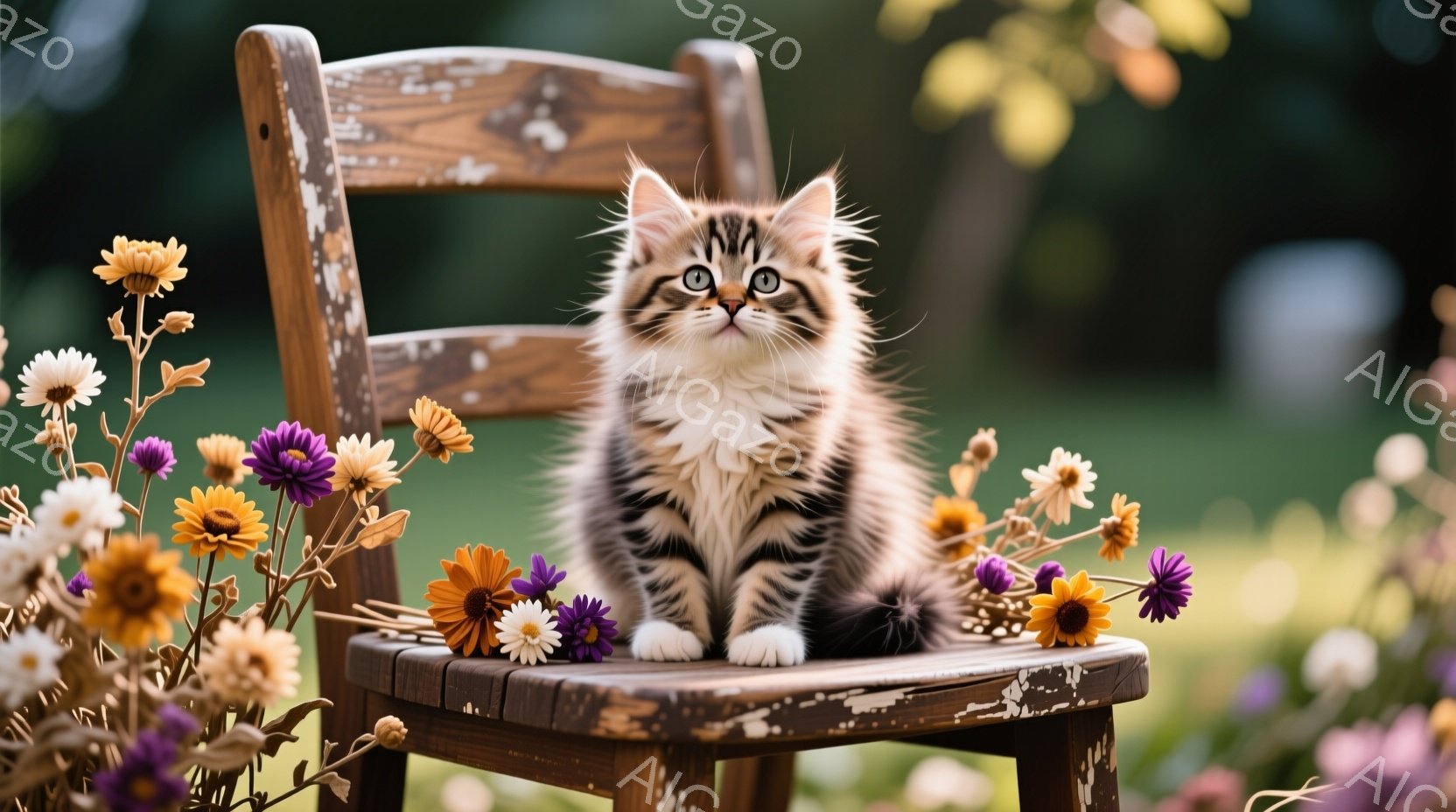 とても可愛いです。中心には、白と黒のストリペンター型の愛らしい子猫が座っています。その表情は驚きや不安を表しており、とても目立っています。その周りには夏の花壁があり、そこに植物が盛んでいるように見えま - AI生成フリー素材