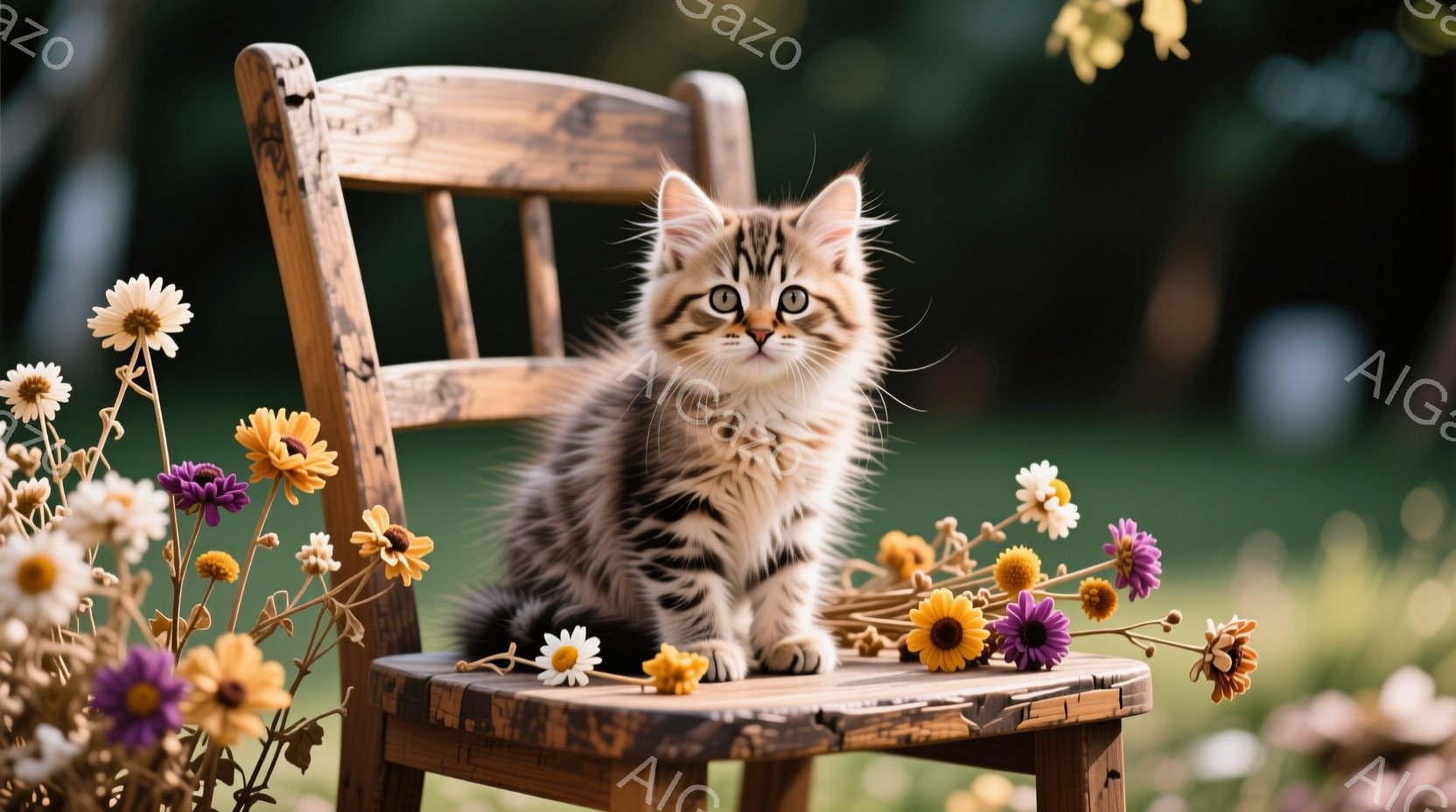 小さな縞模様の猫が、古びた木製の椅子に座ってこちらを見ています。猫の周りには、黄色や紫の野花が咲き乱れ、背景には緑の草地が広がっています。全体的に暖かく、のどかで、可愛らしい雰囲気です。