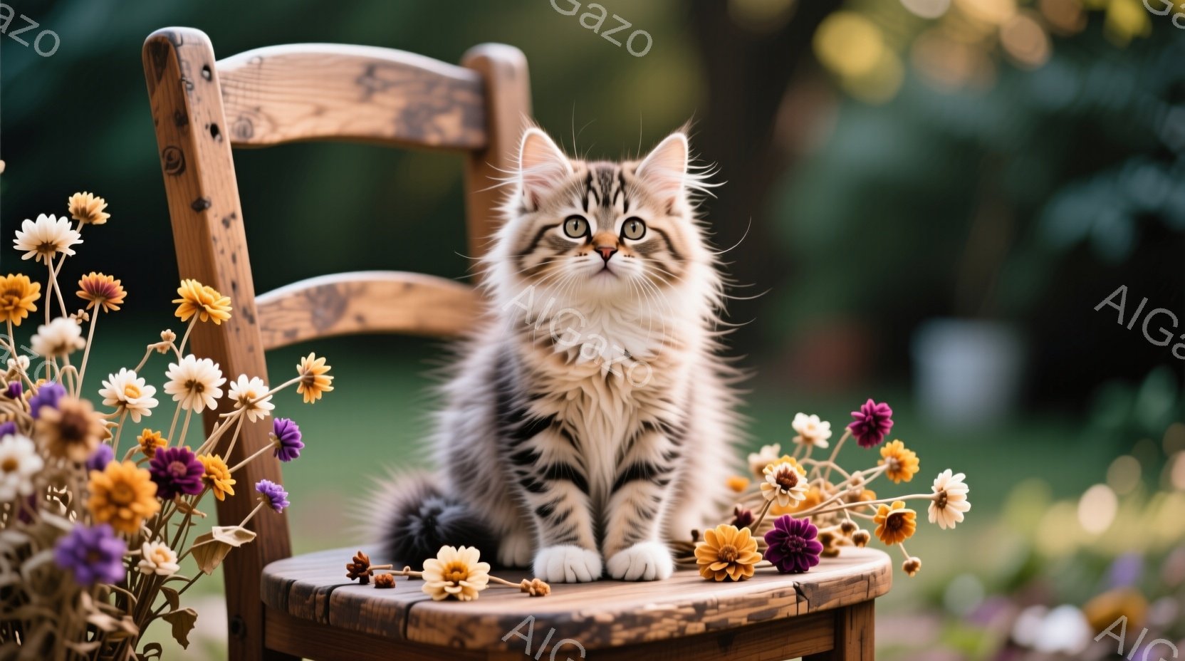 明るい緑の背景に、縞模様の小さな子猫が古い木製の椅子に座っています。子猫は正面を見つめ、大きな瞳と白いひげが可愛らしさを際立たせています。椅子の周りには、黄色、紫、オレンジ色の鮮やかな花々が散りばめられ、暖かく穏やかな雰囲気を醸し出しています。