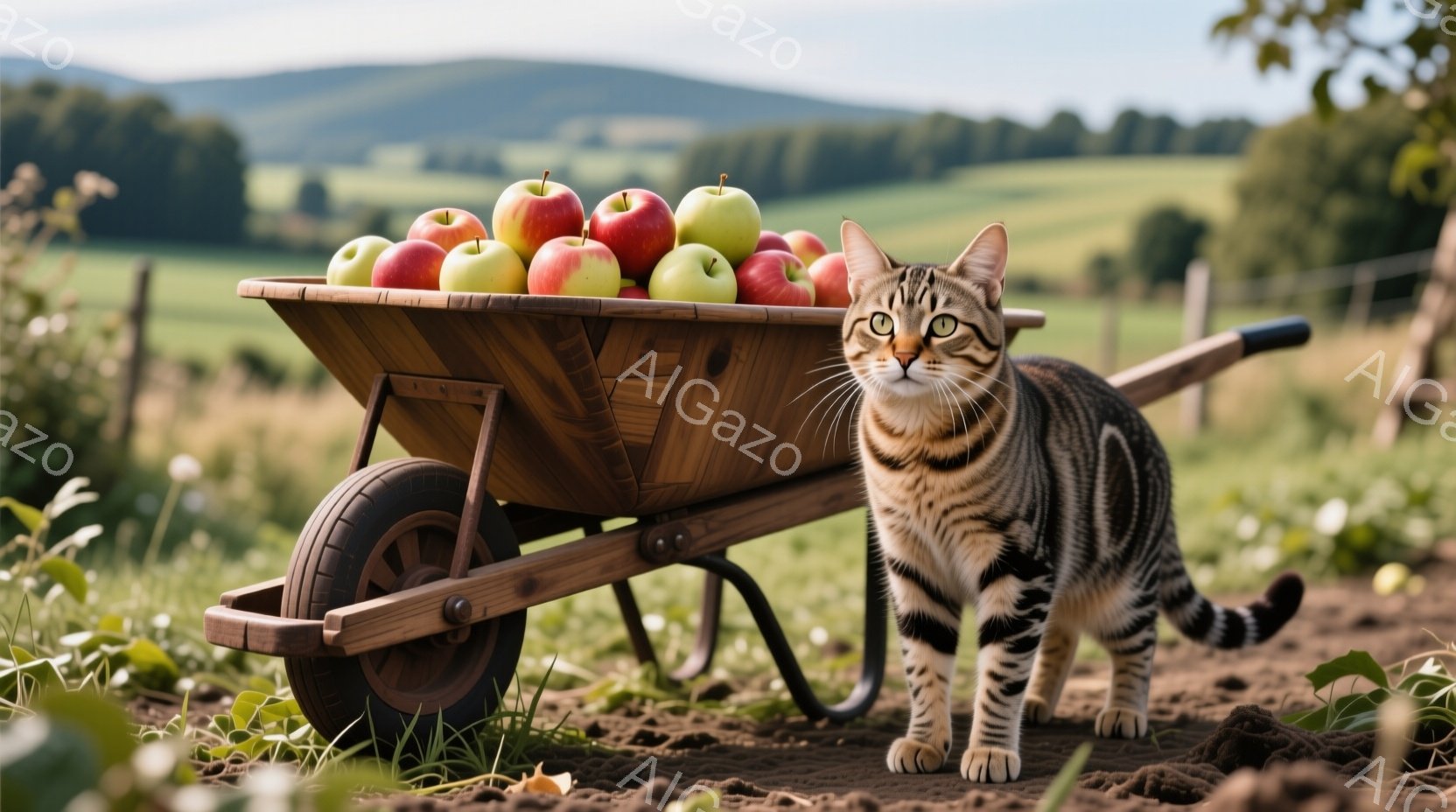 縞模様の猫が、リンゴの積まれた手押し車（wheelbarrow）の横に立っている。猫は正面を見据え、少し警戒した表情で、姿勢はまっすぐで堂々としている。背景には緑豊かな畑が広がり、遠くには丘が見える穏やかな田園風景が広がっている。