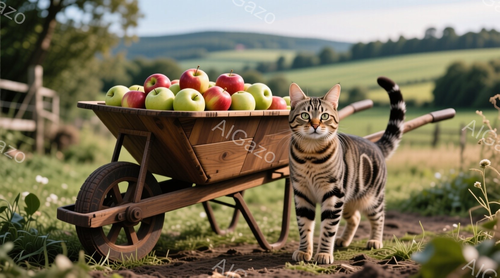 縞模様の猫が、リンゴの積まれた手押し車（荷車）の横に立っています。背景には緑の丘と畑が広がり、手押し車の周囲には白い小さな花が咲いています。全体的に穏やかで牧歌的な雰囲気で、暖かく晴れた日の農村の風景が表現されています。