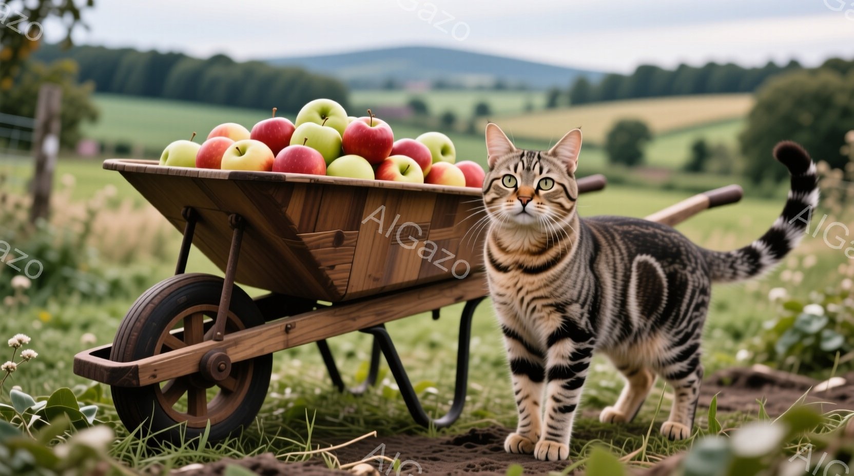 縞模様の猫が、リンゴの積まれた手押し車を背景に、自信を持って立っている。猫は正面を見据え、表情は落ち着いており、姿勢はまっすぐで堂々としている。手押し車は木製で、周囲は緑豊かな草と小さな白い花に覆われ、遠景には緑の丘が広がっている。
