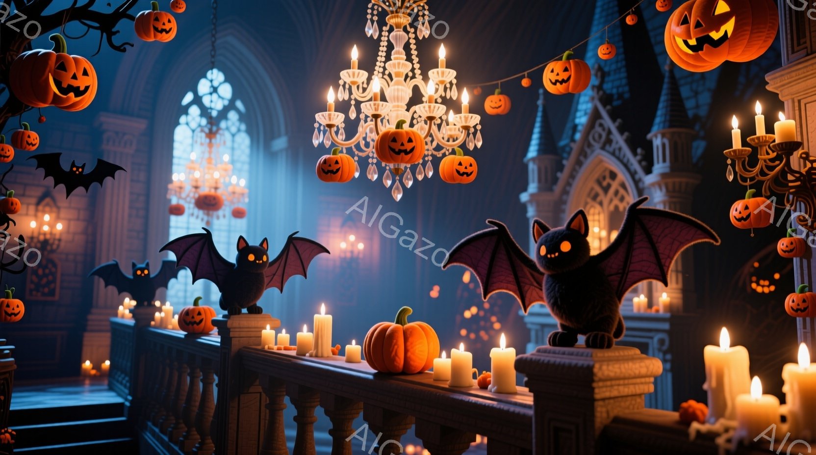 豪華な中世の城内と思わしき場所で、ハロウィーンの装飾が施されています。オレンジ色のカボチャのランタンや黒いコウモリが、階段の手すりやシャンデリアから吊るされており、多くの蝋燭が暖かく灯っています。全体的に、神秘的で幻想的な雰囲気で、ハロウィーンの夜を予感させる静謐な光景です。