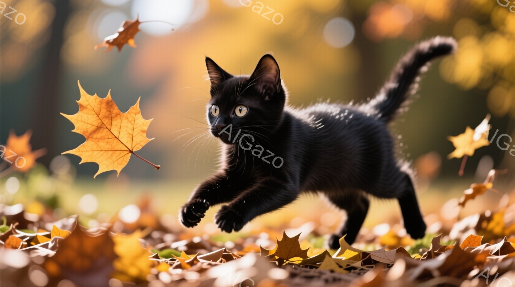 黒い子猫が落ち葉の上を力強く走り出している様子が捉えられています。背景は秋の暖かな日差しが差し込む自然で、オレンジ色や黄色の落ち葉が地面を覆い、子猫とのコントラストが美しいです。全体的に、秋の暖かさと - AI生成フリー素材