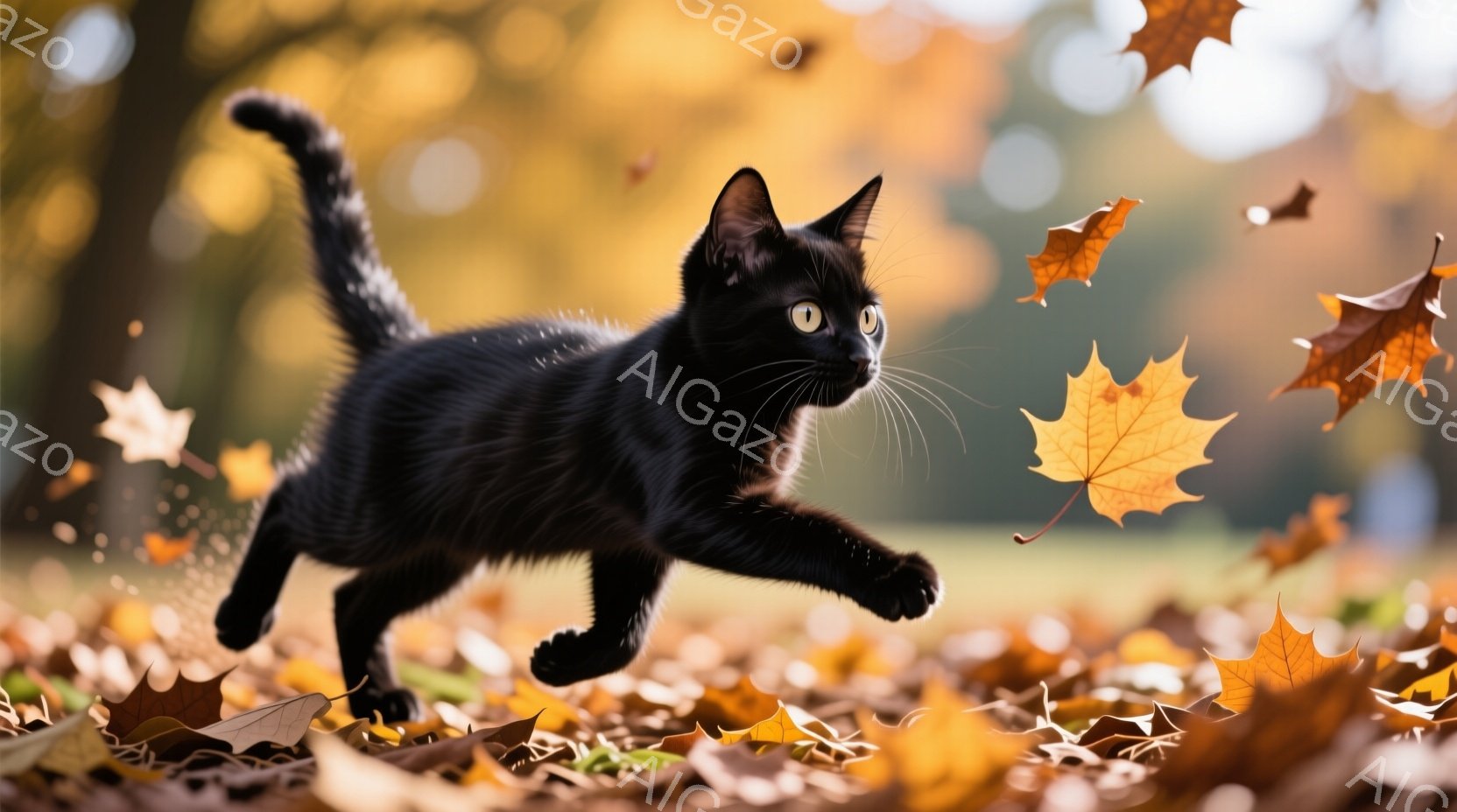 黒猫が落ち葉の上を駆け抜けている様子が捉えられています。猫は前足を伸ばし、後ろ足は空中に浮かせて、遊び心にあふれた活発な姿勢を見せています。背景にはぼやけた緑の木々と、舞い散る鮮やかなオレンジ色の落ち葉が広がり、秋の暖かく穏やかな雰囲気を醸し出しています。