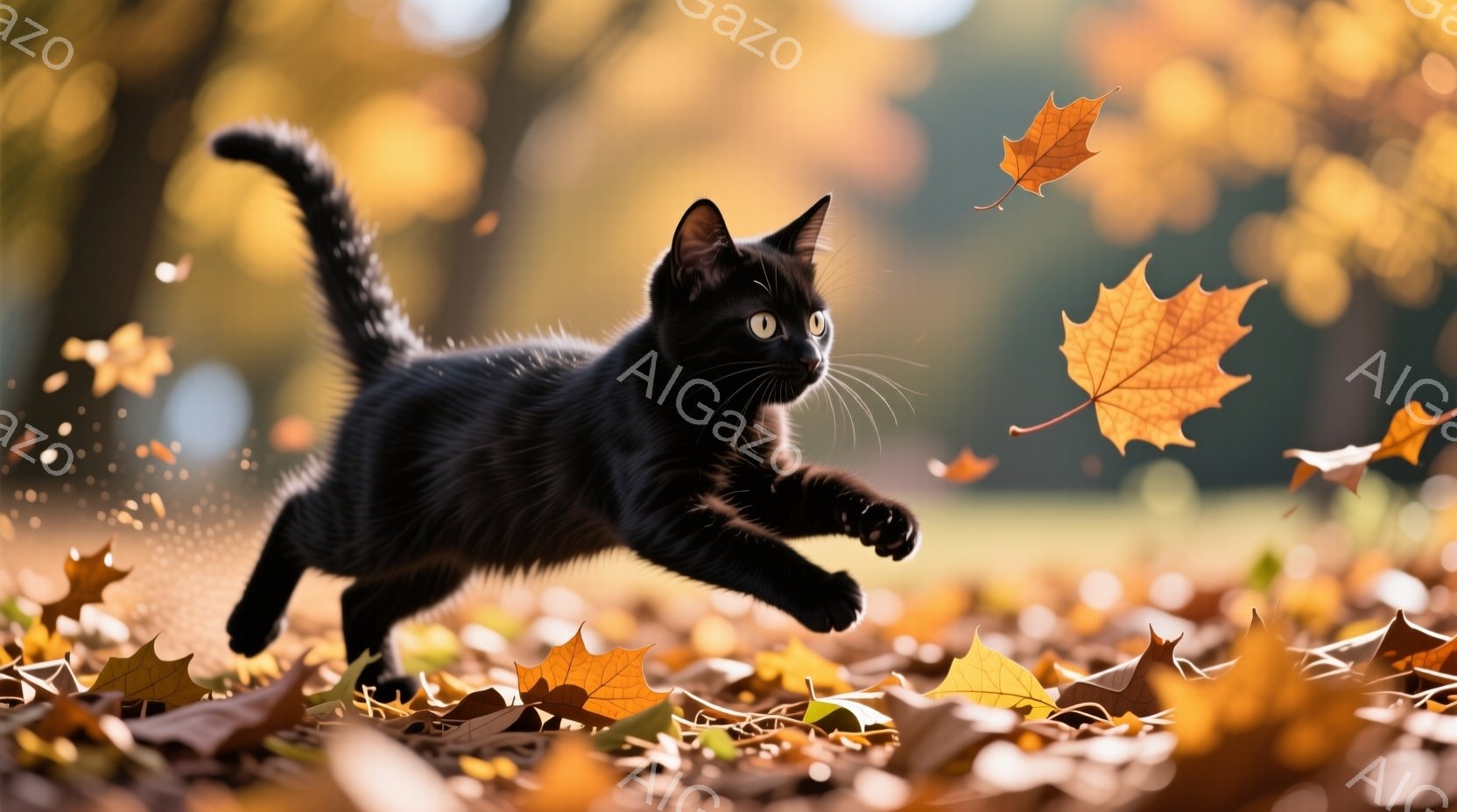 黒猫が落ち葉が敷き詰められた地面を勢いよく駆け抜けている。猫は前足を伸ばし、体をひねらせ、遊び心いっぱいの表情で何かを追いかけているようだ。背景には秋の木々がぼやけて写り、暖かく穏やかな秋の日の雰囲気 - AI生成フリー素材