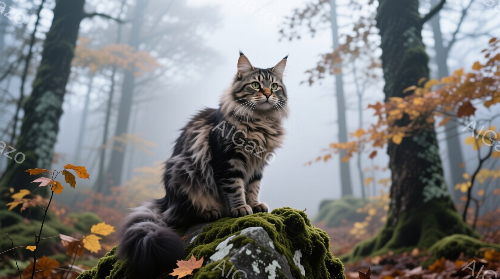 This is a digitally manipulated image featuring a cat with human-like features. The cat has long fur - AI生成フリー素材