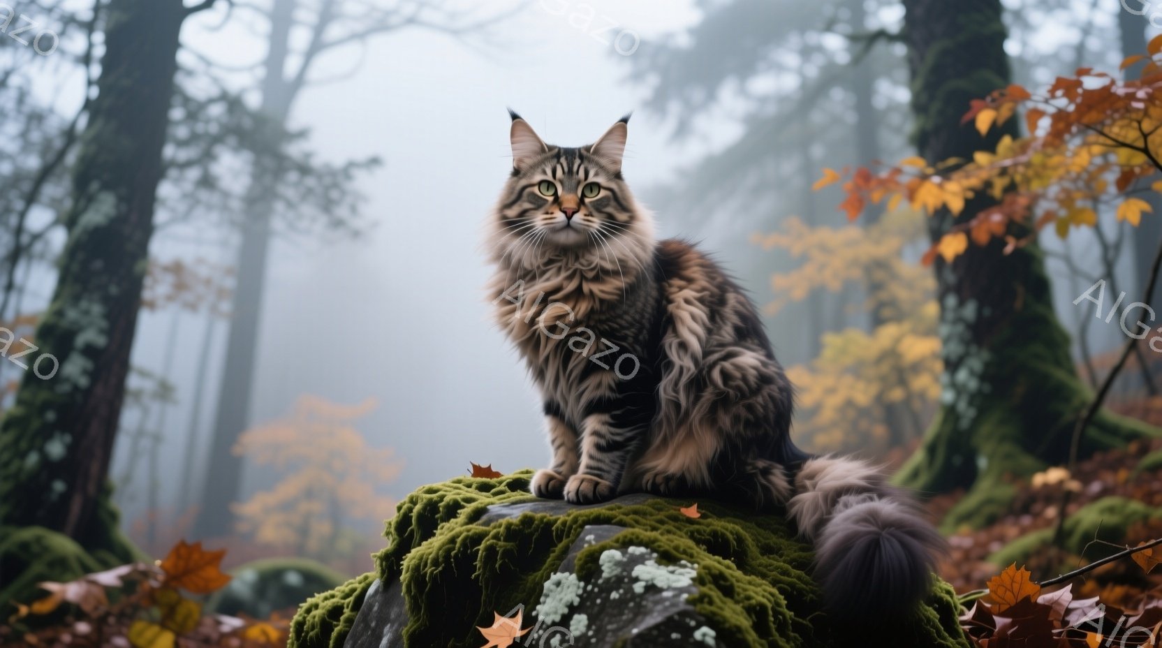 長毛の茶トラ猫が、苔むした岩の上に優雅に座っている。背景は霧に包まれた森林で、木々はぼんやりと見え、落ち葉が地面を覆っている。猫は正面を見据え、鋭い眼光と堂々とした姿勢で、森の王者のような雰囲気を漂わせている。