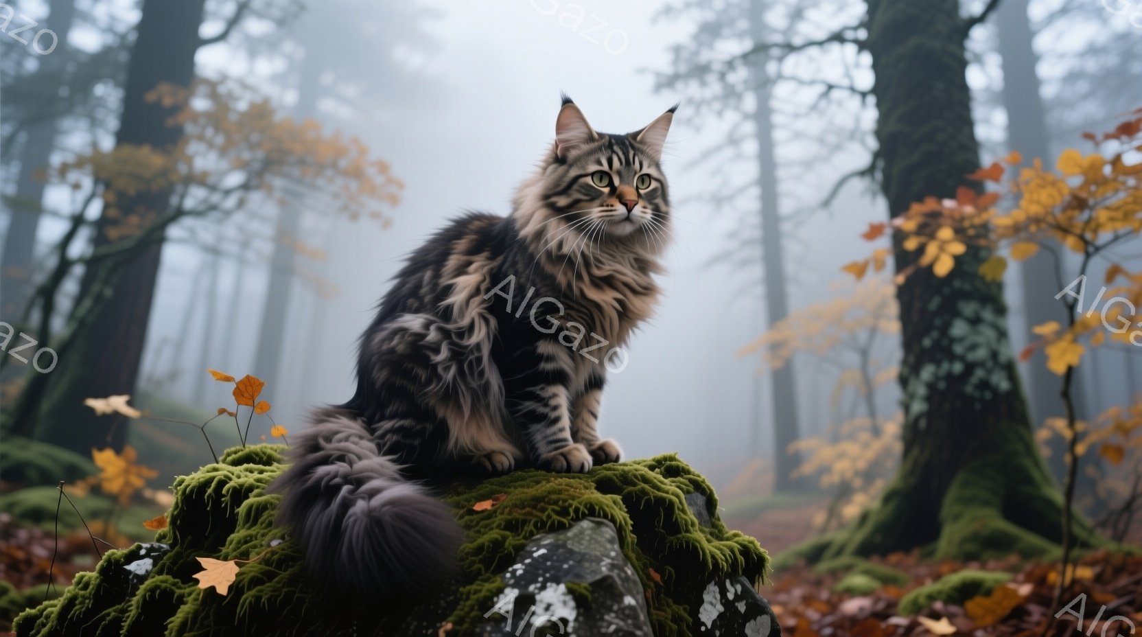 長毛の茶トラ猫が、苔むした岩の上に優雅に座っている。背景は深い森で、霧が立ち込め、落ち葉が散らばり、秋の静寂な雰囲気を醸し出している。猫の毛並みはふさふさとしており、目は緑色で、凛とした表情をしている。