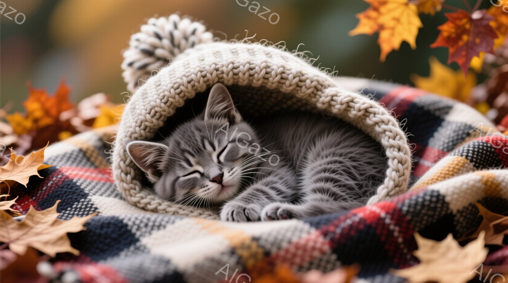 灰色の縞模様の小さな子猫が、編み物の帽子のようなものの中に丸まって眠っています。子猫はリラックスした表情で、前足を体に抱きかかえています。背景には、秋の落ち葉と、チェック柄の毛布が見え、温かく穏やかな - AI生成フリー素材