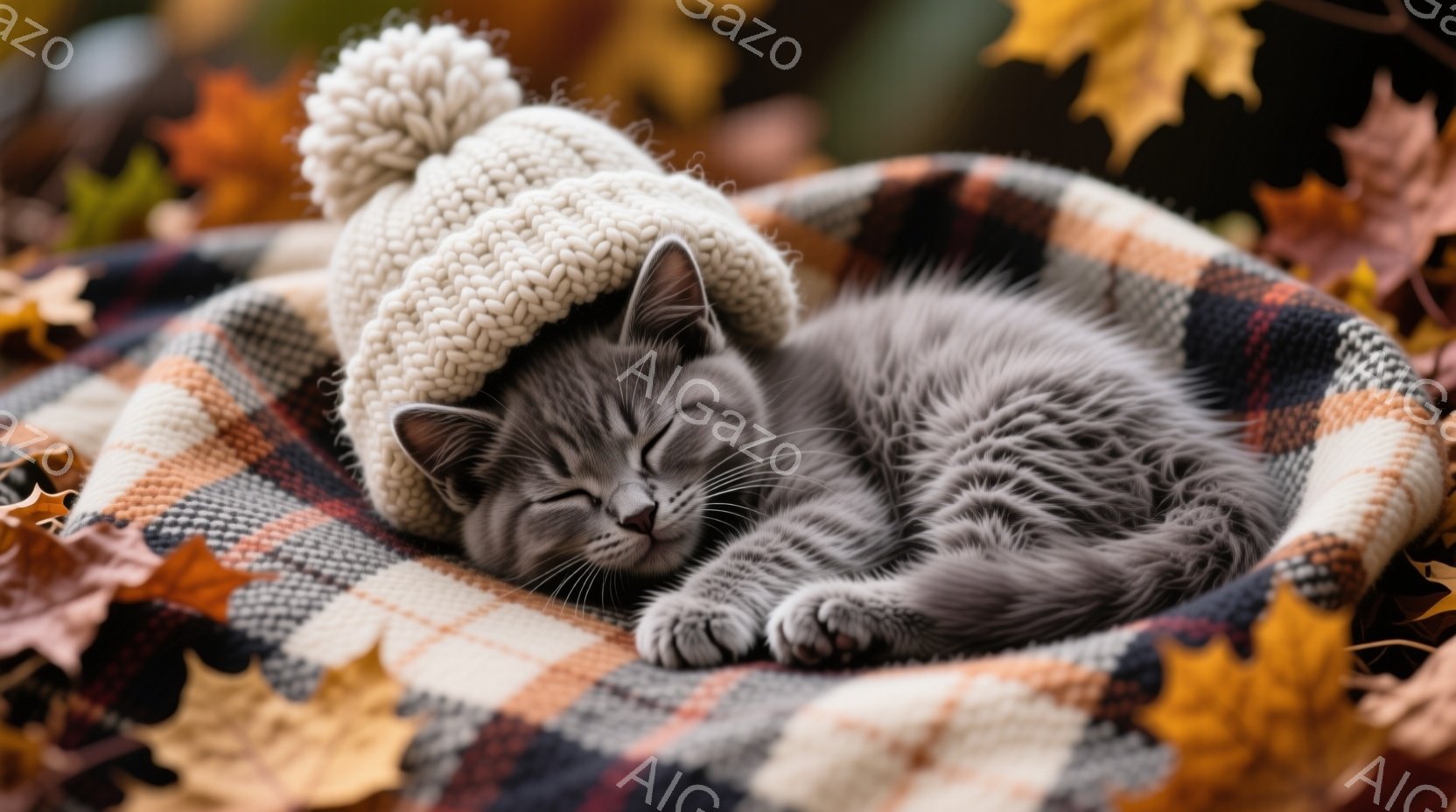 小さな灰色の猫が、チェック柄のブランケットの中で丸まって眠っています。頭には白いポンポン付きのニット帽が被っており、とても愛らしい様子です。背景には紅葉した葉っぱが散らばっており、秋の暖かく穏やかな雰囲気を演出しています。