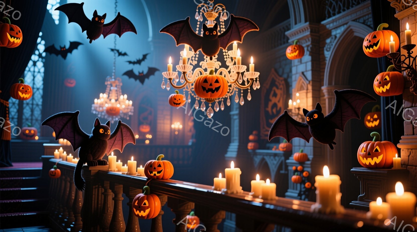 ホラースタイルで、古風な内装を持つ屋敷のような場所が表れます。吊り下げた燭台と幽霊のようなデザインのバットが見られ、屋内には多くの尖った耳を持つ幽霊が飛び交っています。背景には祭りのシーンに必要な悪魔や怪物の像があり、全体としてホラーの雰囲気が漂っているようです。