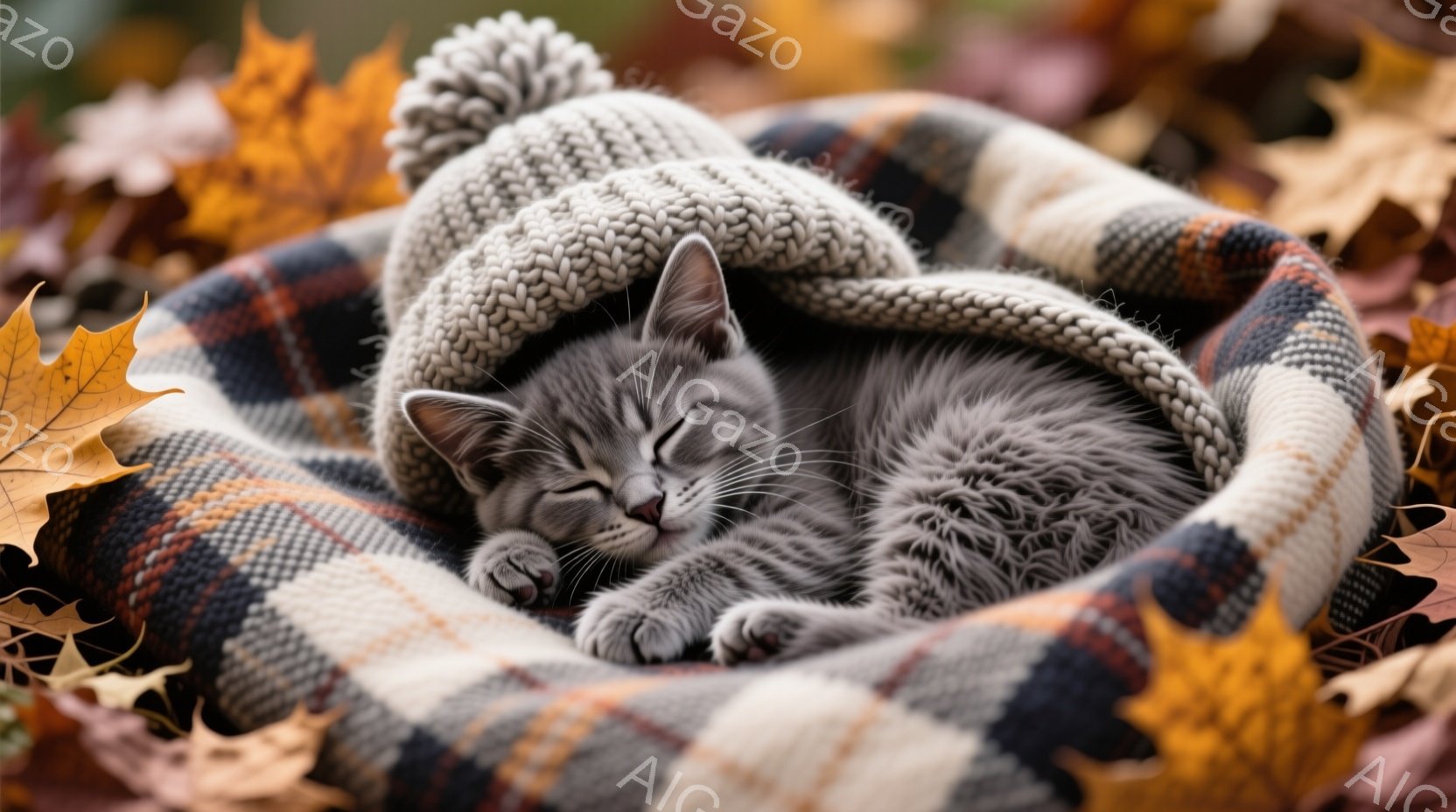 灰色と白の縞模様の小さな子猫が、チェック柄の毛布に包まれて眠っています。子猫は小さなニット帽をかぶり、とてもリラックスした表情で、丸まって眠っています。背景には落ち葉が散らばっており、秋の穏やかで暖か - AI生成フリー素材