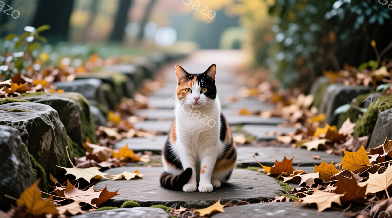 白と茶色のまだら模様の猫が、苔むした石畳の道に座っている。背景には秋の黄葉が散りばめられ、ぼやけた緑の木々が広がっていて、穏やかで物静かな雰囲気を醸し出している。猫はカメラの方をまっすぐ見つめており、 - AI生成フリー素材