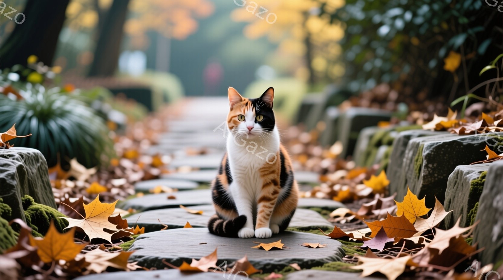 庭の石畳の上に、白、黒、オレンジ色のまだら模様の猫が座っている。周囲には鮮やかなオレンジ色の落ち葉が散らばり、背景には緑豊かな植物とぼやけた景色が広がり、秋の穏やかな雰囲気を醸し出している。猫は前方をまっすぐ見つめ、落ち着いた表情で、まるで庭の番人のようだ。