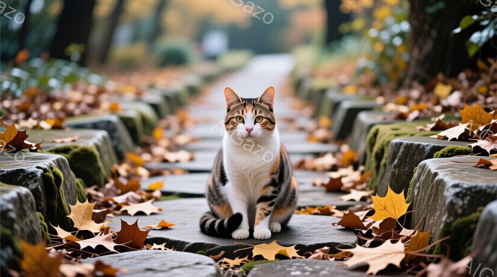 秋の木片と紅葉が覆われた狭い道を歩く猫です。猫は鮮やかな金色の毛並みで、頭を横にして前足を立て、目を寄せ、身体を丸くまとめた姿勢が特徴的です。猫は道の中央に位置しており、左から右に向かって歩いているように見えます。周囲は山のような高地で、低木や草が点在しています。紅葉の色と地面の黄金色が対比されており、柔らかく光る天気が雰囲気を評します。