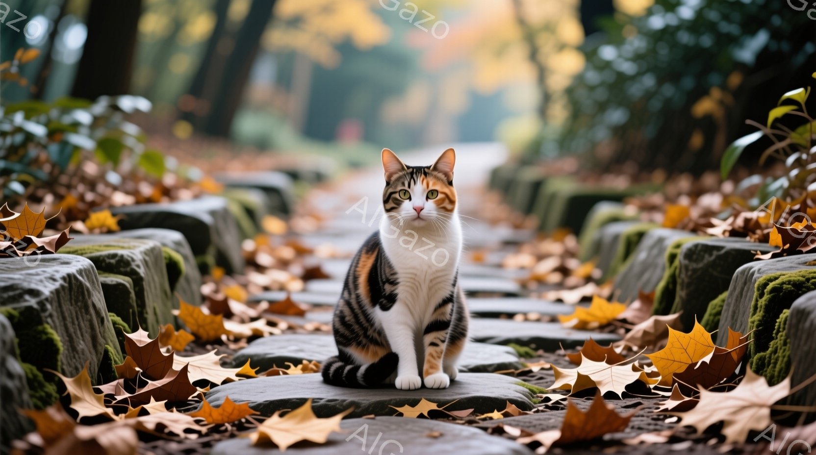 白と茶色のまだら模様の猫が、苔むした石畳の小道の中央に座っている。背景には秋の紅葉が敷き詰められ、薄暗い森が広がっており、穏やかで物静かな雰囲気を醸し出している。猫は前方をまっすぐ見つめ、落ち着いた表 - AI生成フリー素材