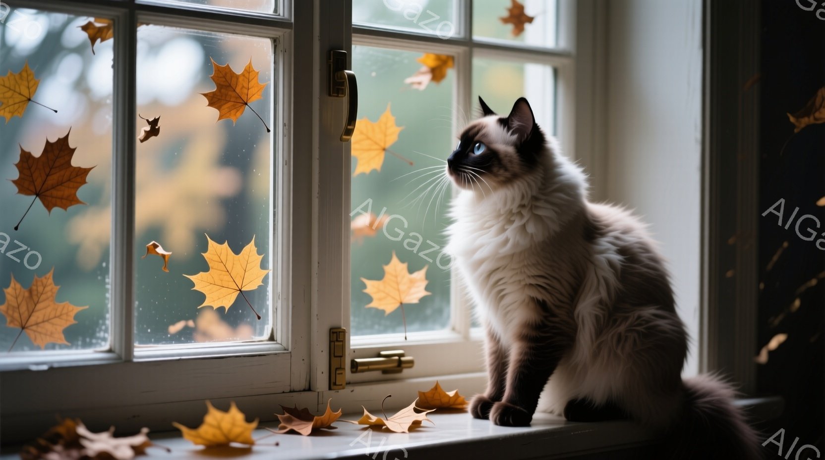 白と茶色の美しいシャム猫が、落ち葉が舞う窓辺に座って外を見つめている。猫は優雅な姿勢で、青い瞳は何かを期待しているかのように遠くを見つめている。背景にはぼやけた緑の木々と、秋の雰囲気を感じさせる落ち葉が散りばめられており、静かで穏やかな雰囲気が漂っている。