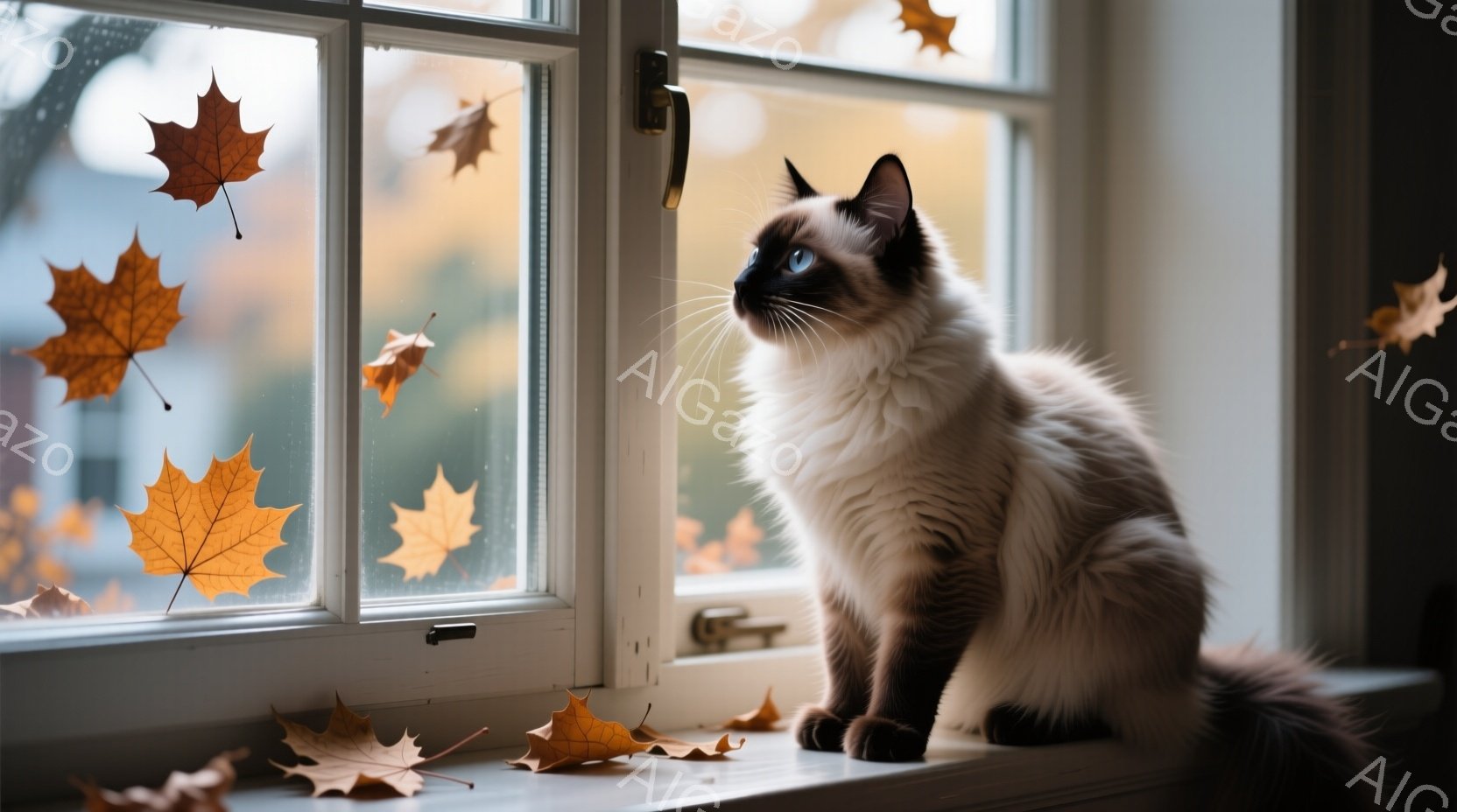 白い窓枠に、美しいシャム猫が座り、何かをじっと見つめている。窓の外には、秋の紅葉が舞い、暖かい光が差し込んでいる様子が伺える。猫の表情は穏やかで、全体的に秋の静けさと温かさを感じさせる。