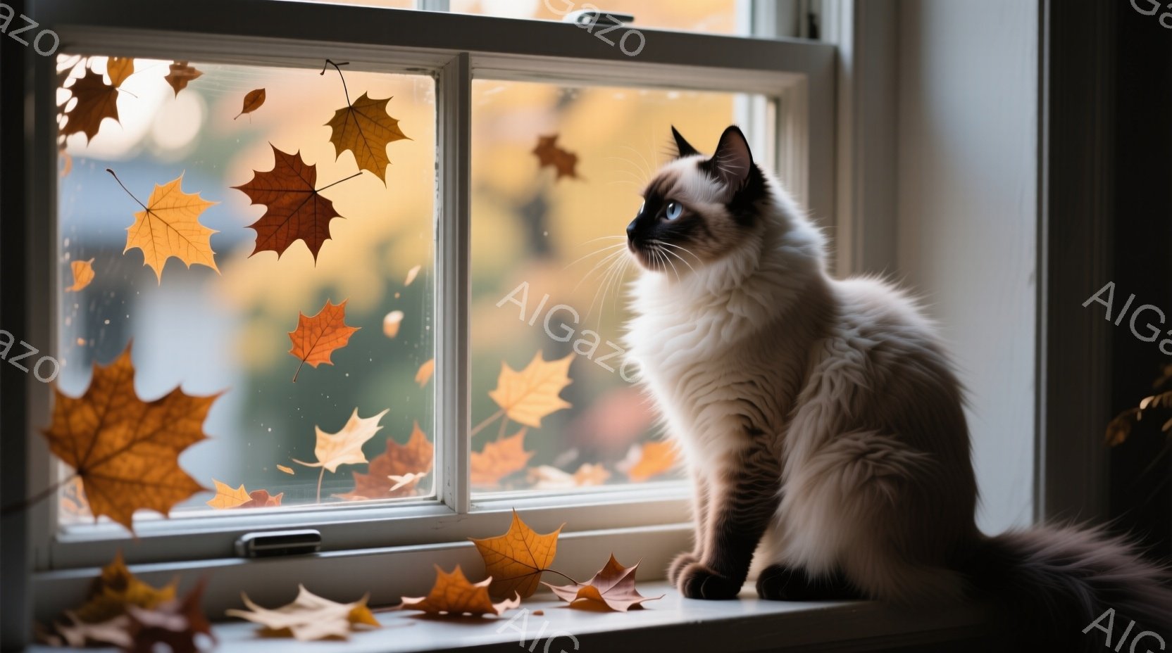 白と茶色の毛並みが美しいシャム猫が、窓枠に座って外を眺めている。窓の外には紅葉が舞い、秋の景色が広がっており、猫の毛並みと紅葉の色合いが調和している。猫は少しうつむき加減で、物思いにふけっているような - AI生成フリー素材