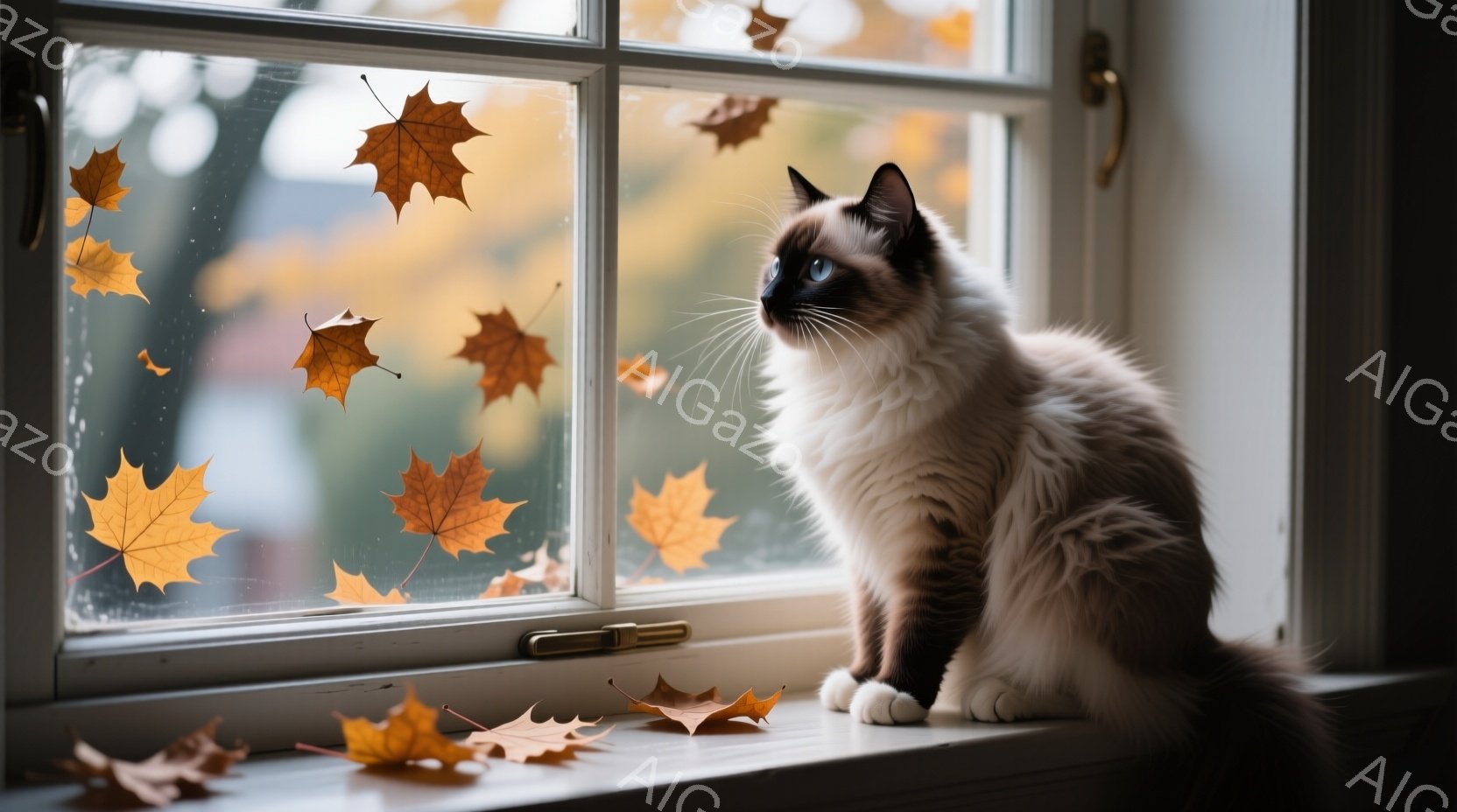 白い窓枠に、美しいシャム猫が座って外を眺めている。窓ガラスには鮮やかな紅葉が張り付き、秋の訪れを感じさせる穏やかな光景だ。猫の毛並みはふんわりとしており、青い瞳が印象的で、物思いにふけるような表情をし - AI生成フリー素材