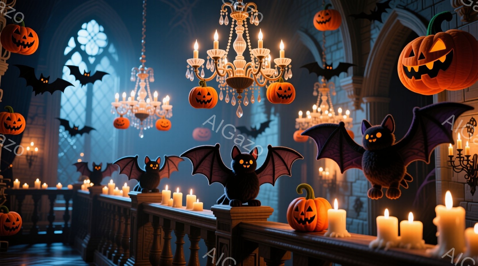 中世の城のような建物内部で、ハロウィーンの装飾が施された様子を描いています。たくさんのカボチャのランタンと黒いコウモリが、シャンデリアやバルコニーの手すりに飾られ、ろうそくの明かりが幻想的な雰囲気を醸 - AI生成フリー素材