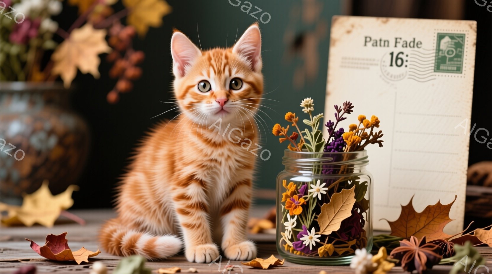 鮮やかなオレンジ色の縞模様の小さな子猫が、木のテーブルの上に座っています。その子の猫は大きな緑色の目をしていて、好奇心旺盛そうな表情をしています。背景には、色とりどりの花が詰まったガラス瓶と、落ち葉が - AI生成フリー素材