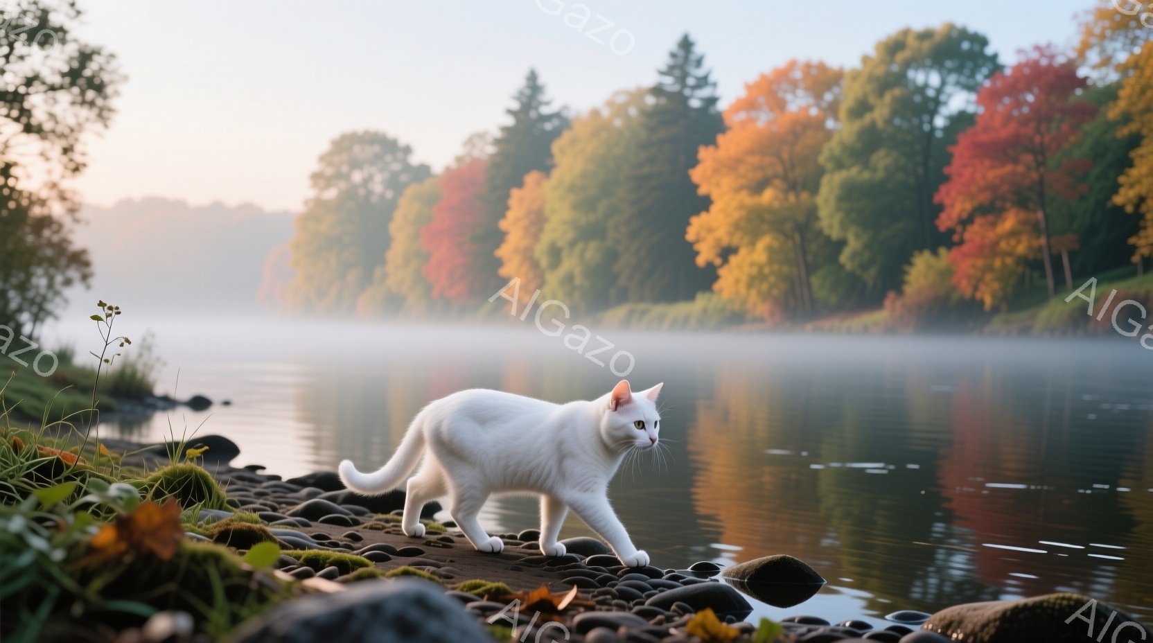白い猫が、湖の岸辺の小石の上を歩いている。背景には、霧のかかった湖と、赤や黄色に色づいた秋の木々が広がり、穏やかで静謐な雰囲気を醸し出している。水面は穏やかで、周囲の景色を反射し、秋の色彩が豊かに表現されている。