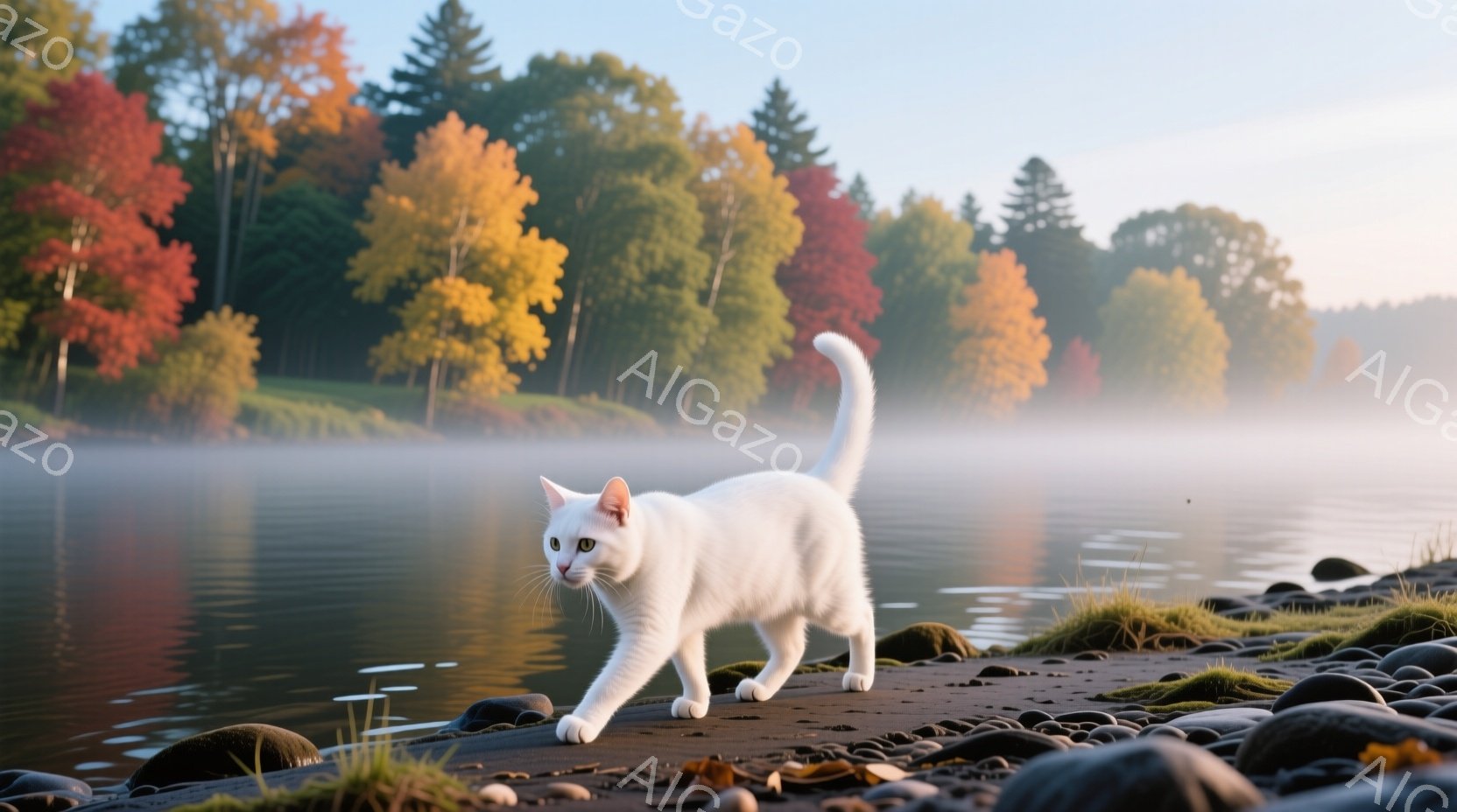 白い猫が湖畔の岩場を歩いている。背景には、秋の紅葉が美しい森林が広がり、湖面には朝霧が立ち込めている。全体的に穏やかで、静寂に包まれた、自然豊かな風景が印象的だ。 - AI生成フリー素材